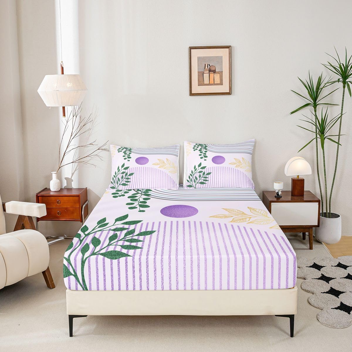 Erosebridal Modern Mid Century Bed Sheets Boho Purple Vintage Fitted Sheet Abstract Geometric Bohemian Plants Leaves Bedding Set, Twin Minimalist Modern Aesthetic Sheets