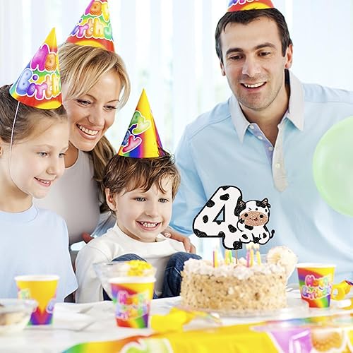Miniatura 6 de Decoración para pastel de 4 cumpleaños de vaca con purpurina blanca, decoración de pastel de vaca sagrada con texto en inglés "I'm Fow" para niños y
