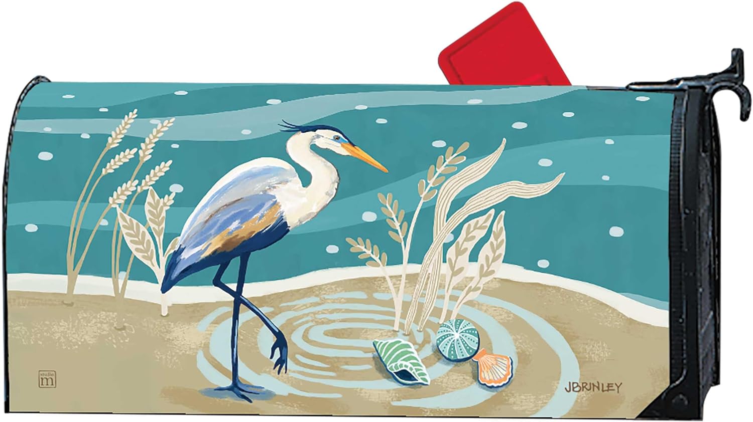 Studio M The Original Magnetic Mailbox Cover, MailWrap Fits Standard Size 6.5 x 19 Inch Mailbox, Weather Resistant Vinyl, Heron with Sea Shells