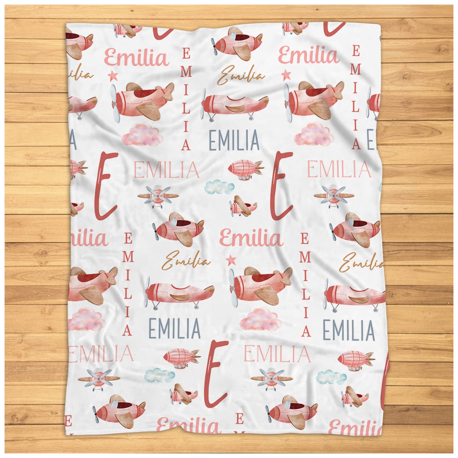 Personalized Airplane Blanket, Pink Airplane Baby Blanket, Custom Name Airplane Nursery Baby Blanket Shower Gift Plush Blanket for Baby for Kids