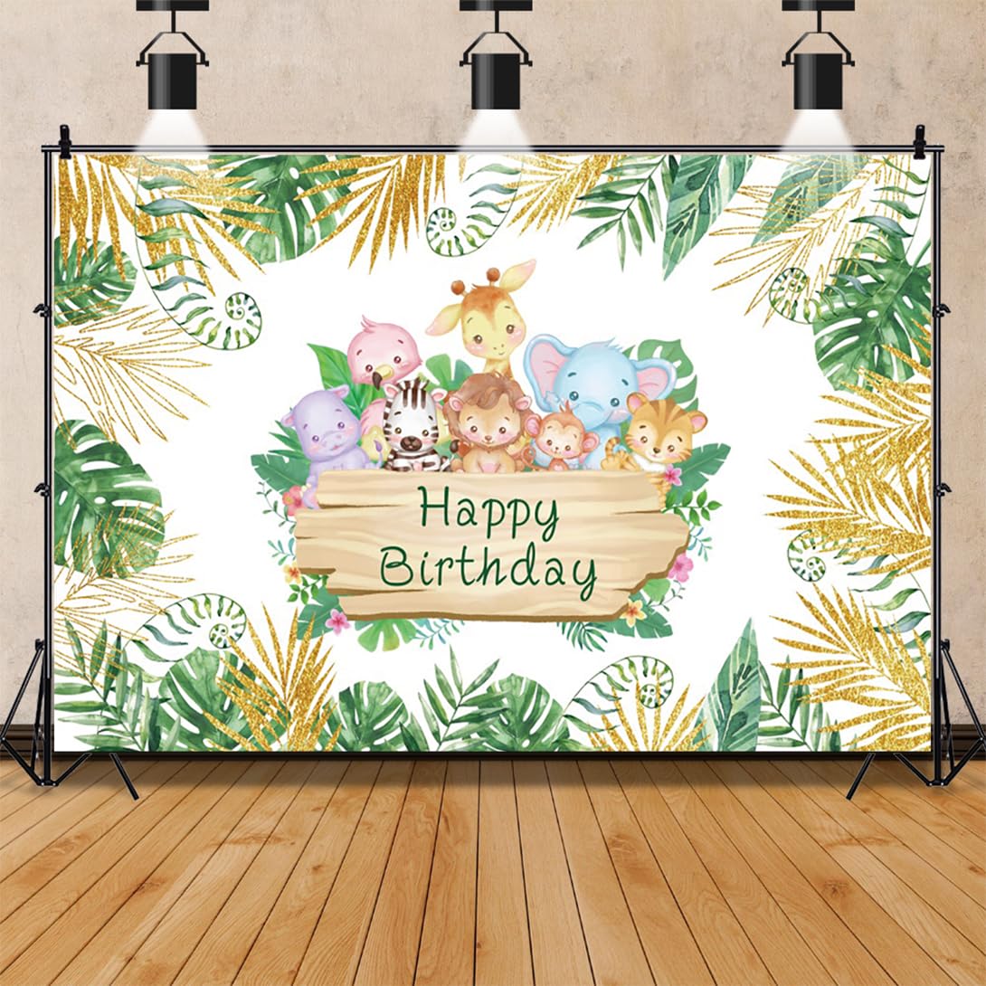 Bovlleetd Safari Animal Happy Birthday Backdrop Cute Wildlife Zoo Themed Party Decoration Golden Green Tropical Leaves Background for Photo Studio Booth Props Cake Table Banner 9x6ft โ image 1