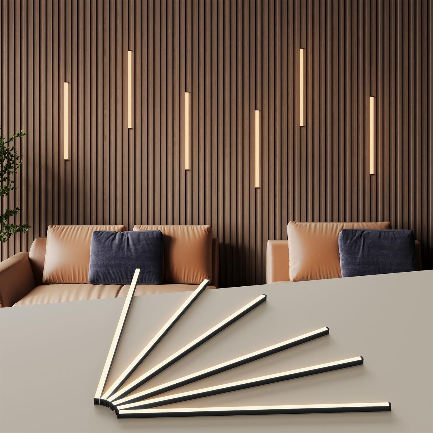 Slat Wall Lights 6pcs 16-inch Black Adhesive LED Strip Lights for Walls, Dimmable 3000K Wall Panel Lights with Touch Control, Flexible LED Recessed Lighting Kit for Bedroom, Living Room