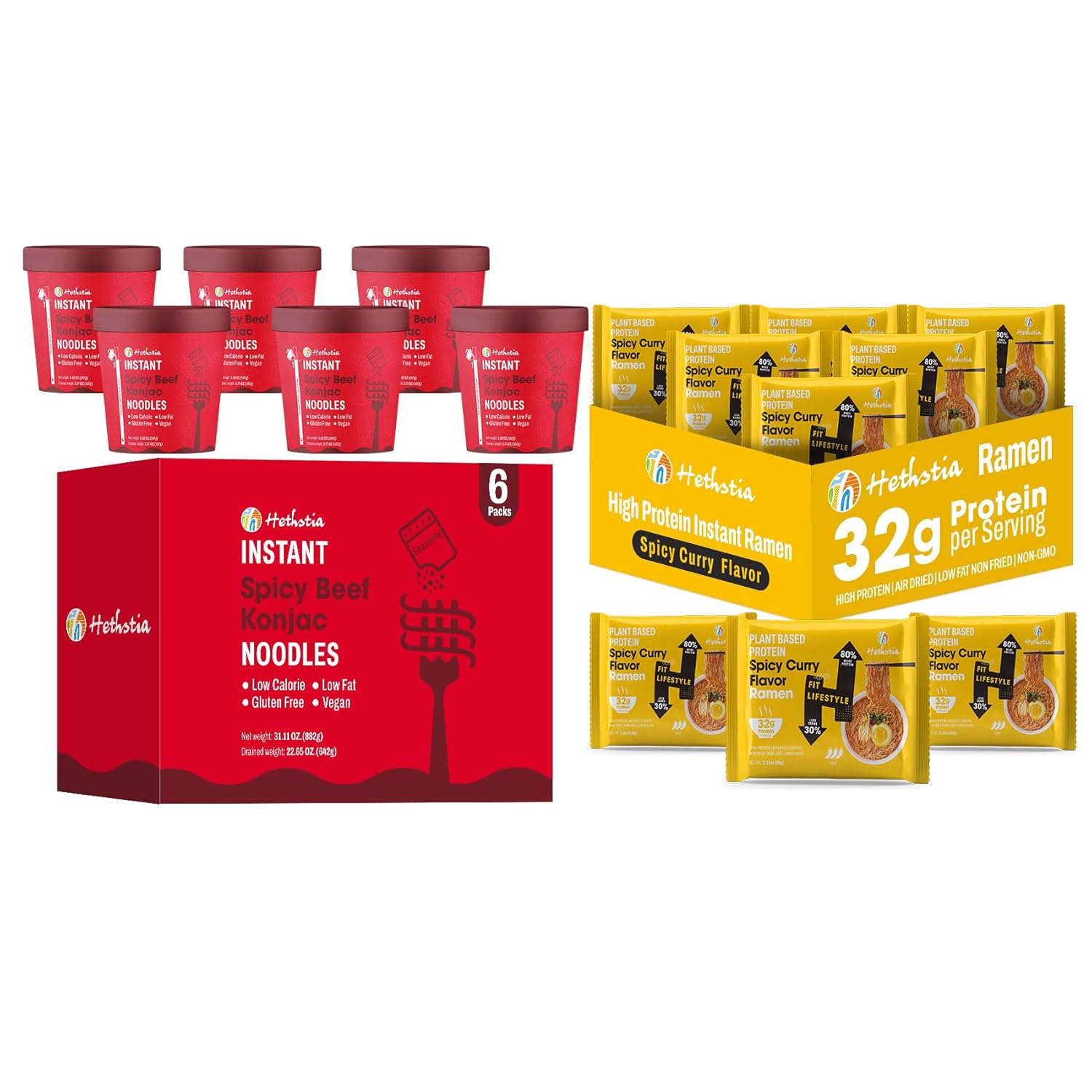 Hethstia Spicy Beef Konjac Pho & Spicy Curry High Protein Ramen Cup – Vegan Shirataki Soup + 32g Plant Protein – 6 Beef Pho Cups + 6 Curry Ramen Cups