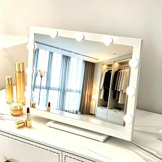BEAUTME Hollywood Vanity Mirror with Lights, 90° Rotation,21.6"×15.7" White | 14 dimmable bulbs, 3 Color Modes, Touch Control, Detachable Base, Iron Frame, Wall/Tabletop Mount for Bedroom, Bathroom