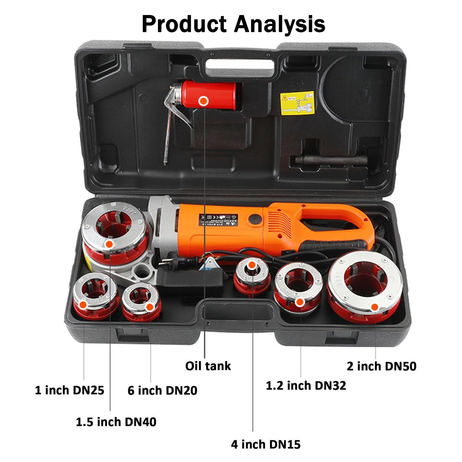 Kit de enhebrador eléctrico de tuberías con 6 matrices, herramienta de mano de 2300 W para enhebrar tuberías eficientes en proyectos de fontanería y construcción, incluye funda de transporte