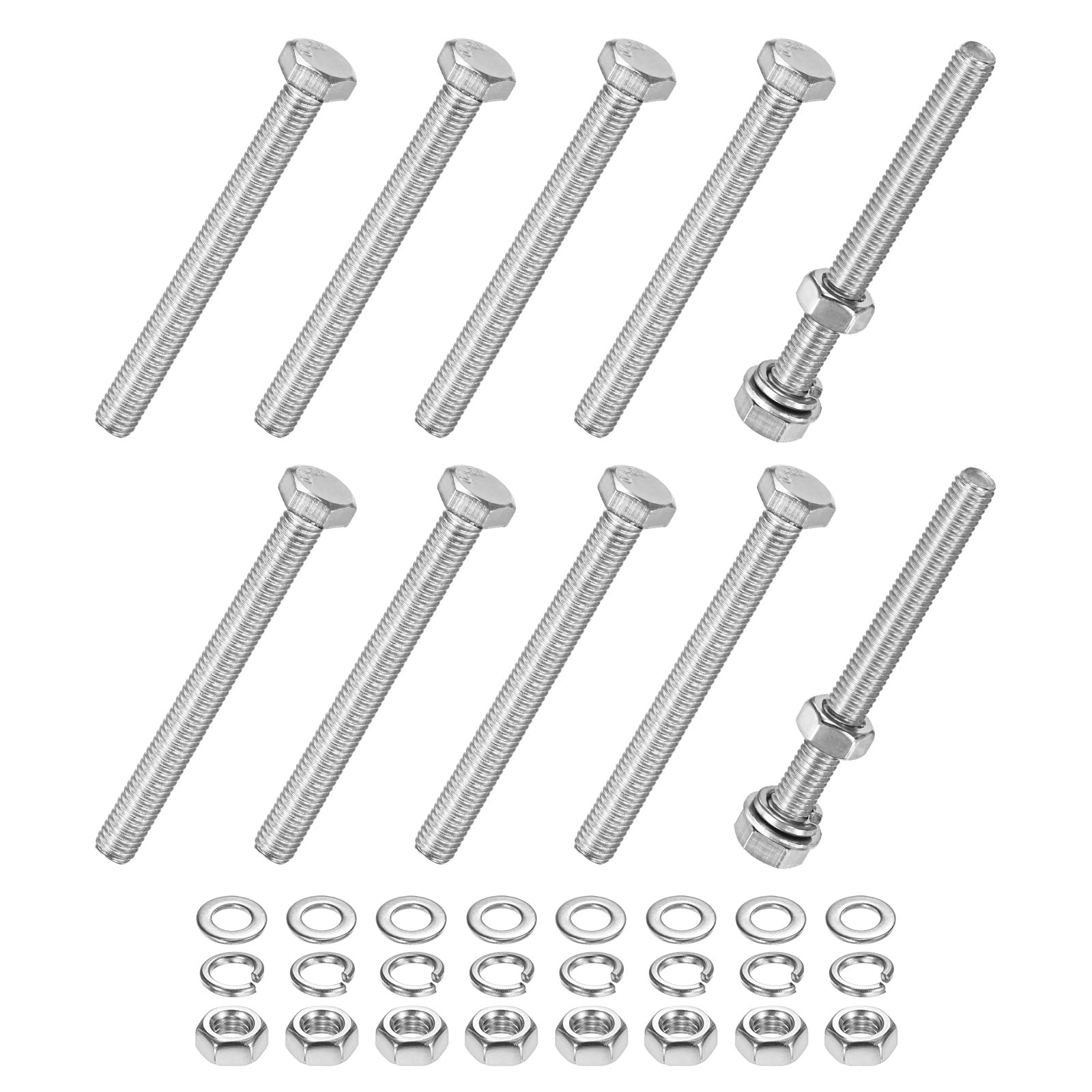 M METERXITY 10-Pack Hex Head Screw Bolt with Nuts Flat & Lock Washers M5x50mm Stainless Steel Bolts and Nuts Kit Fully Threaded Metric Bolt Assortment for Equipment/Machinery