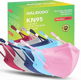 HALIDODO KN95 Face Masks Small Size 40 Packs, 5 Layers Protection KN95 Mask, Breathable Safety Mask with Adjustable Ear Loop, Filter Efficiency≥95%, Comfortable for School Outdoor, Multi Color