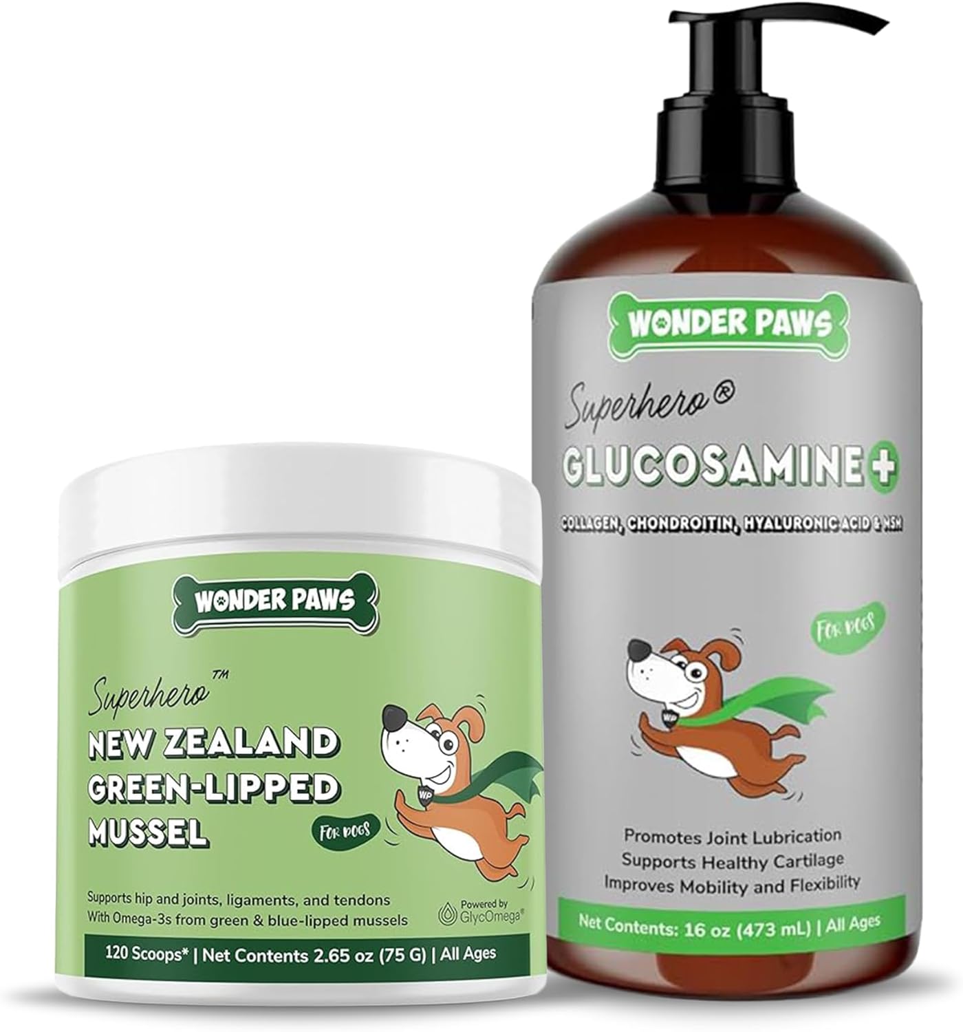 Green Lipped Mussels Powder Plus Liquid Glucosamine - for Dog’s Mobility, Flexibility, Hip & Joint Support – Green Lipped Mussels 2.60 Ounces – Liquid Glucosamine 16 Ounces
