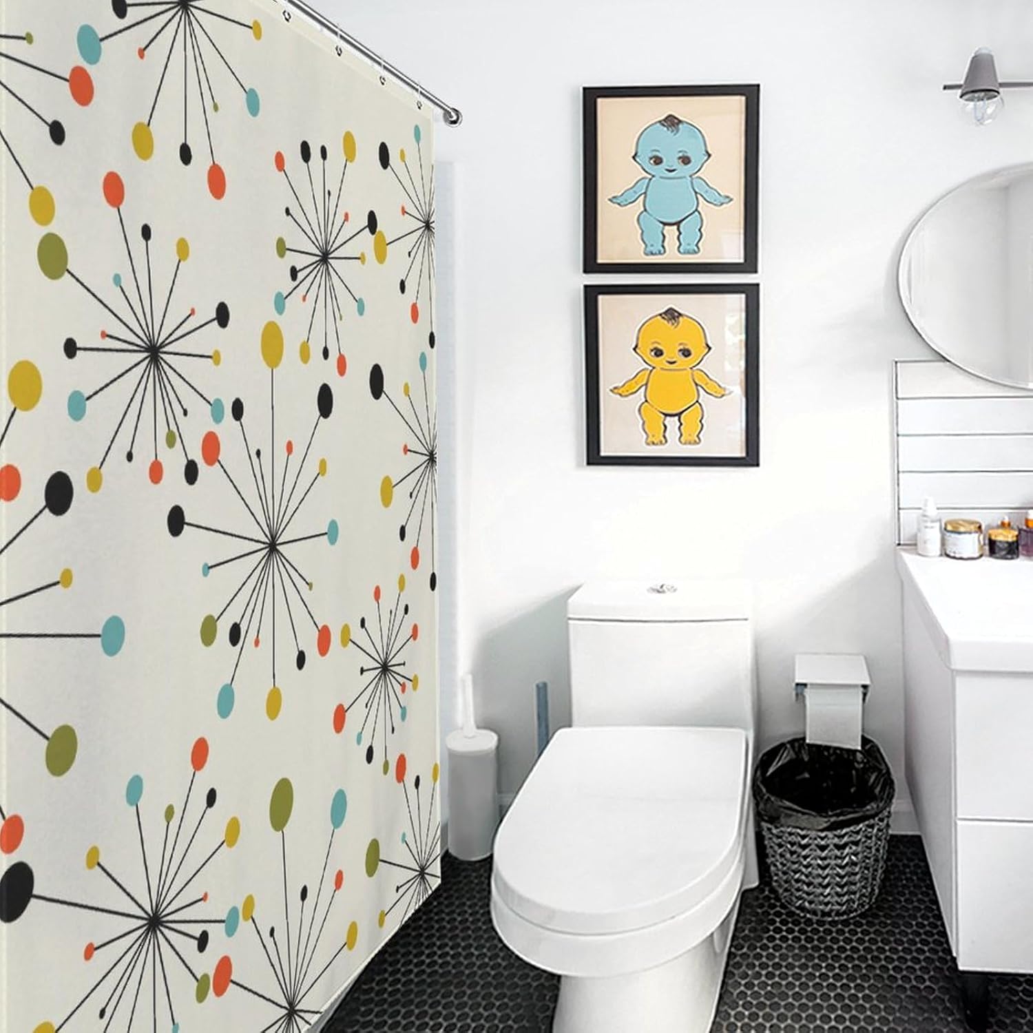 Mid Century Modern Shower Curtain, Geometric Atomic Abstract Iconic Pattern 1950s 1960s Retro Style Art Pastel Waterproof Fabric Bathroom Shower Curtain Set with Hooks,72"x84" Inch