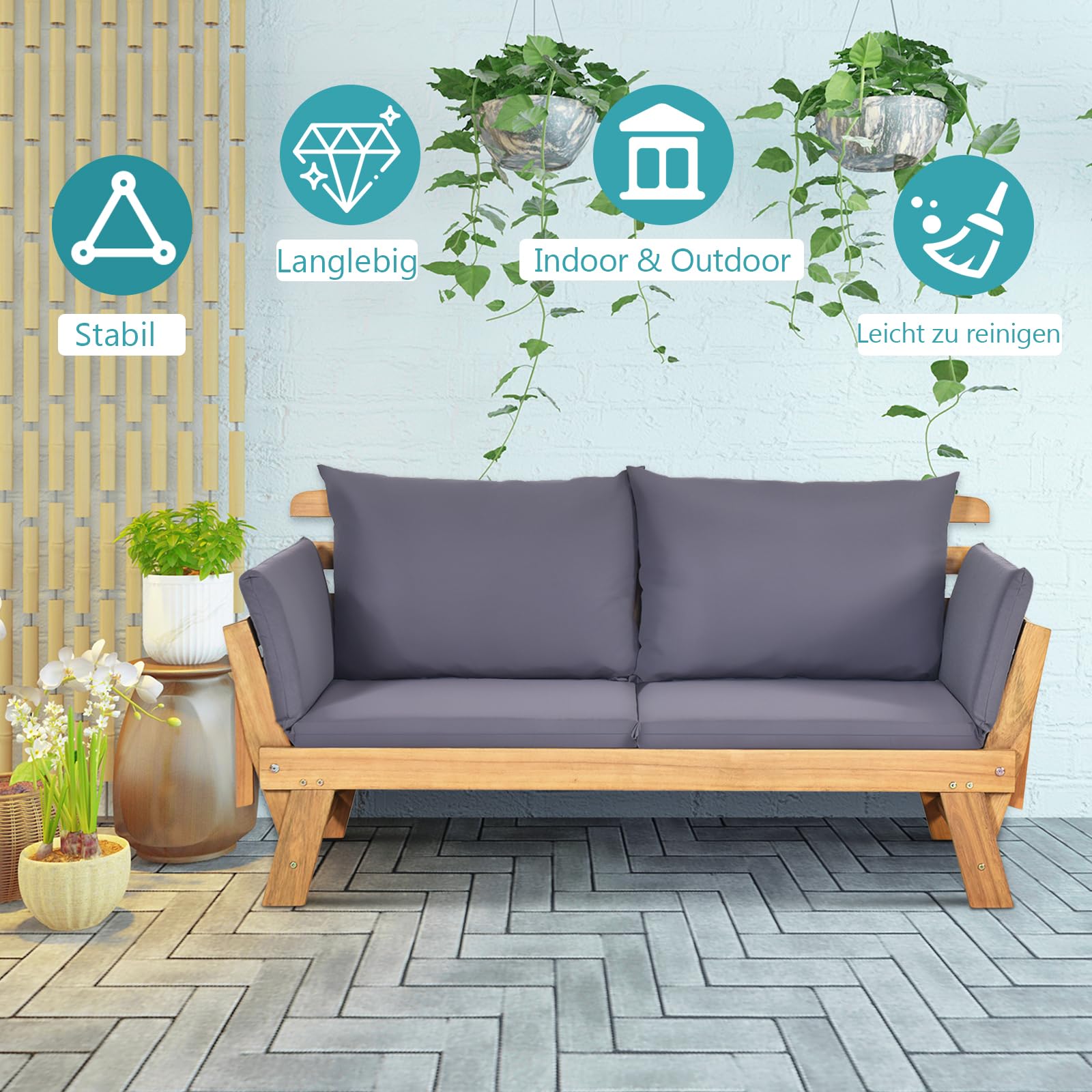 GOPLUS Gartensofa mit Liegefunktion, Gartenbank Holz, 2-3 Sitzer Holzbank mit klappbaren Seitenlehnen, inkl. Auflage, Balkonbank, Sitzbank Outdoor für Garten, Terrasse, Balkon, 157 x 75 x 75cm (Grau)
