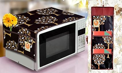 KANUSHI Industries Wall Hanging Magazine/Organiser, Letter Holder, Pocket Organiser +1Pc Microwave/Oven Top Cover with 4 Utility Pockets (MGZ+Micro-Brown-Tree)