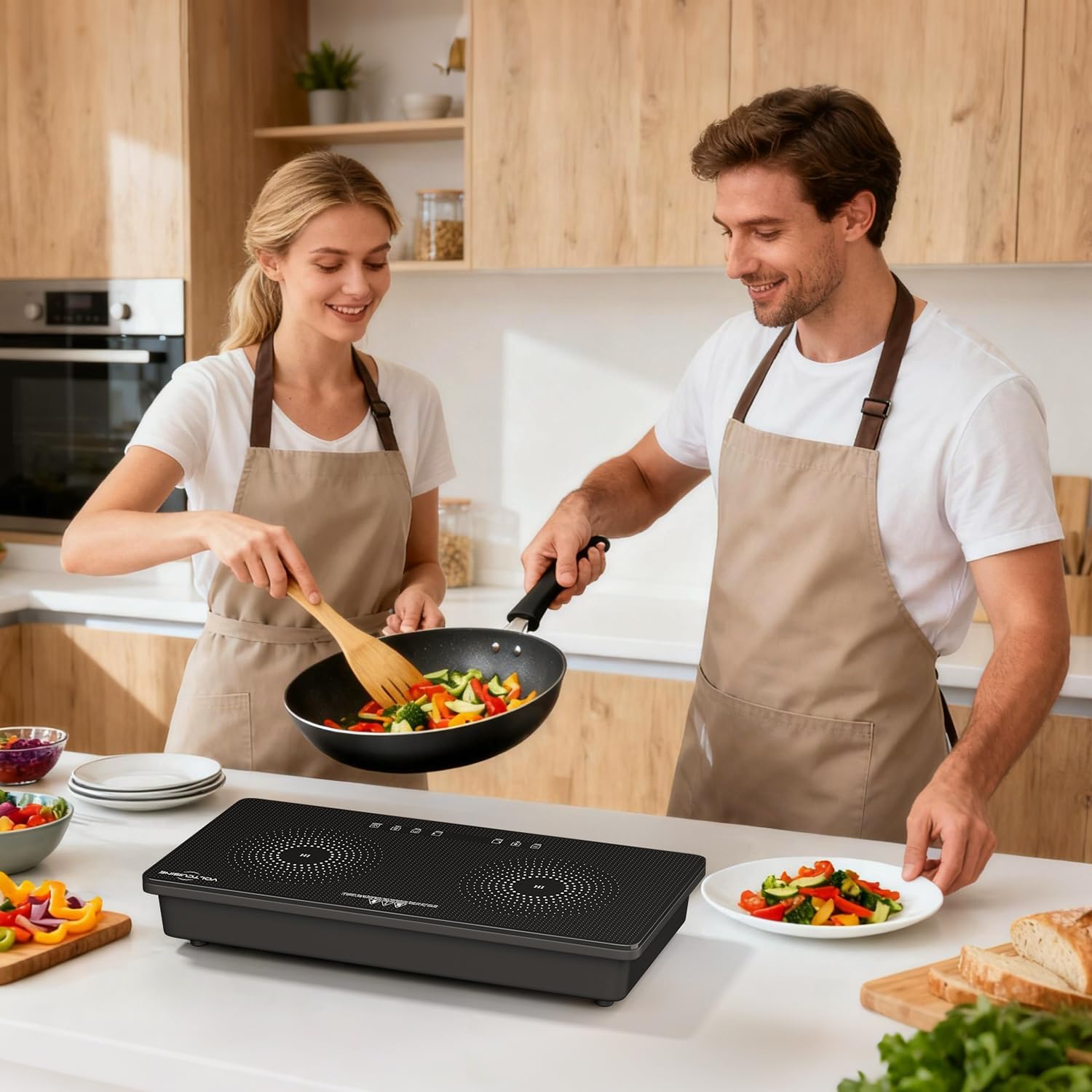 1800W Dual Induction Cooktop with White Speckled Panel, Two 900W Heating Zones, Full Touch Control, 8-Level Power Adjustment, Timer, Easy-Clean Ceramic Glass Surface