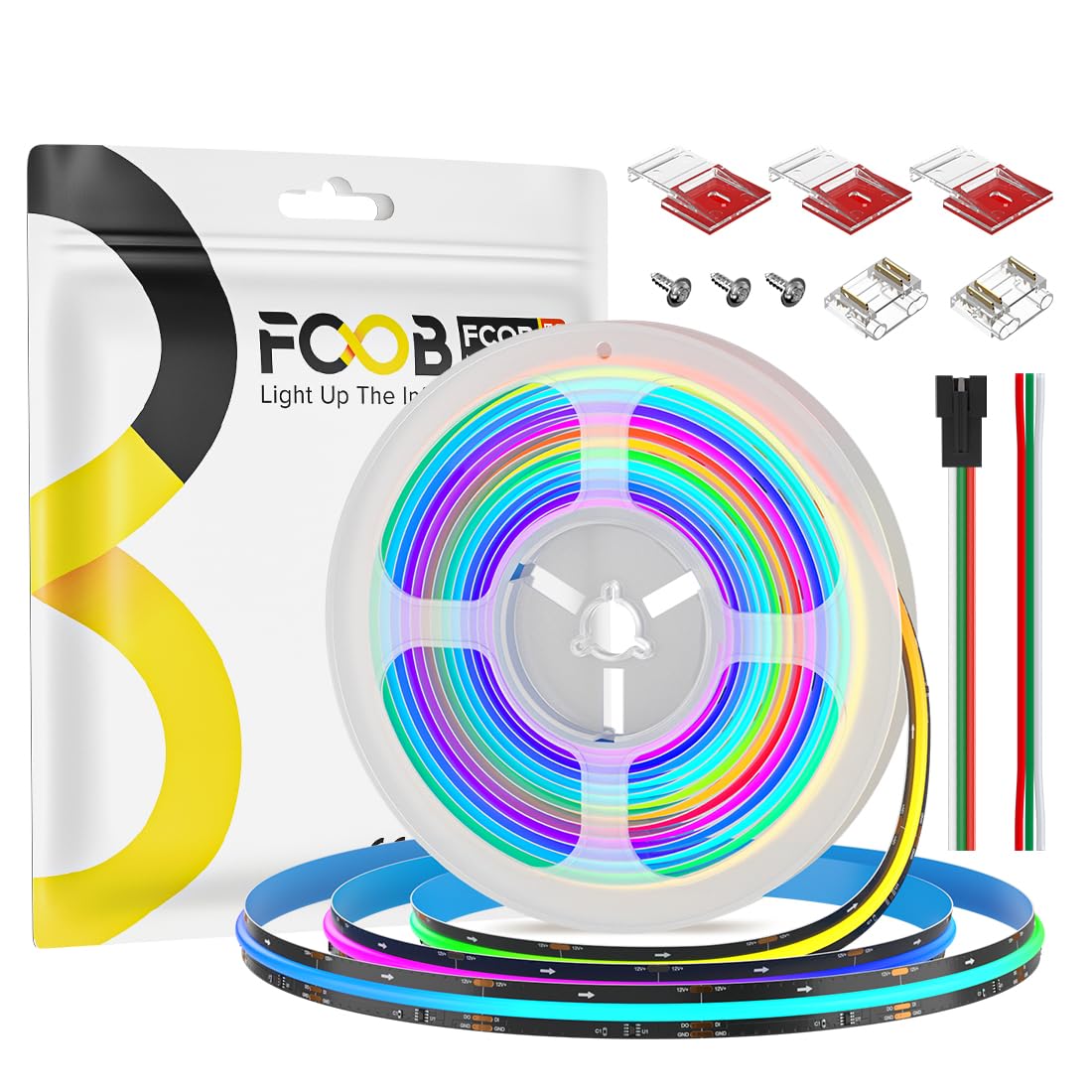 FCOB 16.4FT WS2811 IC RGB COB LED Strip 720LEDs/m 12V Addressable Chasing Dream Color 100IC Strips, 12mm Flexible High Density Uniform Black PCB Tape Light for Indoor, NO Power & Controller
