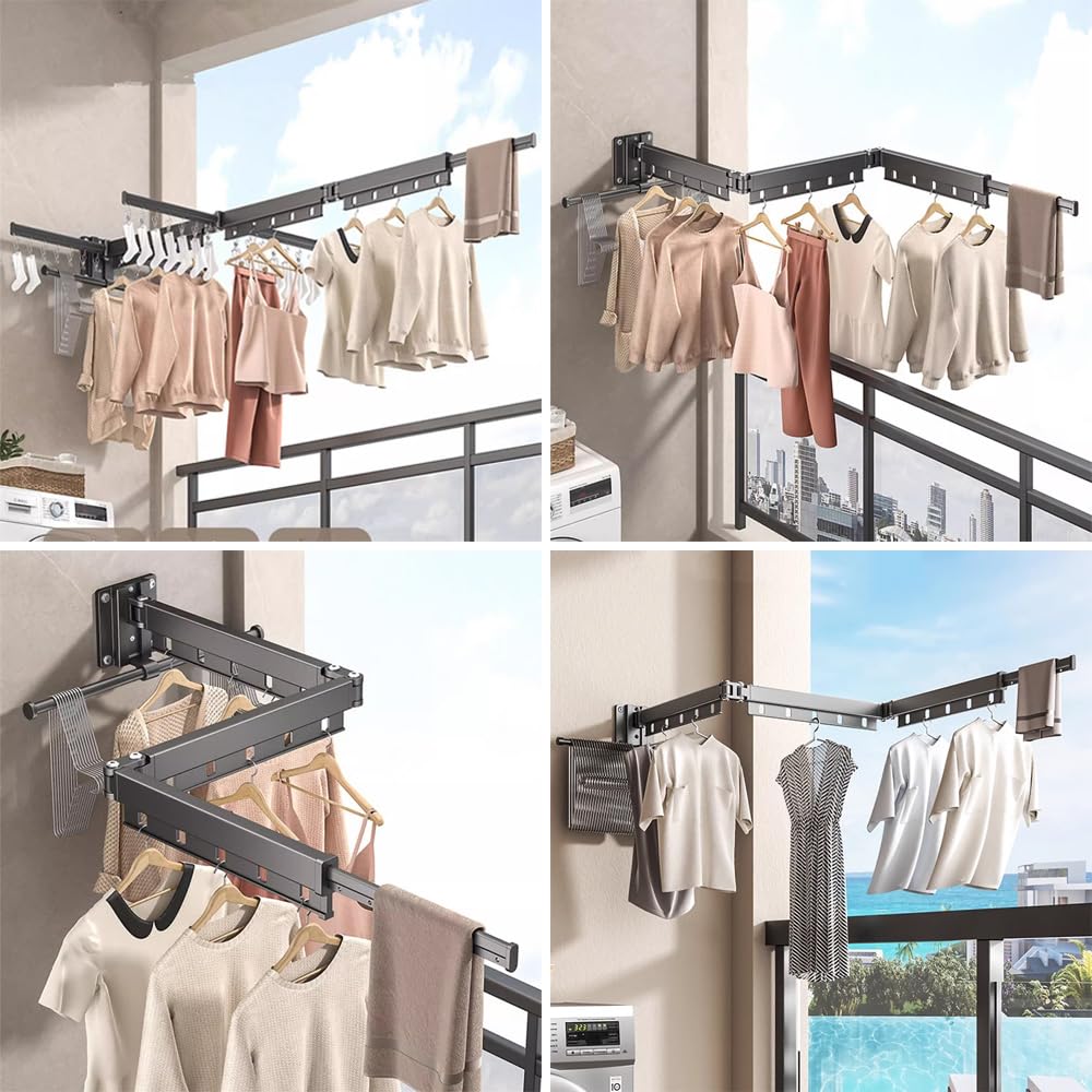 Hggzeg Wäscheständer zur Wandmontage, einziehbares Regal mit Haken, um 360 ° drehbar, dreifach, zusammenklappbar, für Balkon, Waschküche, Badezimmer (Bleigrau)