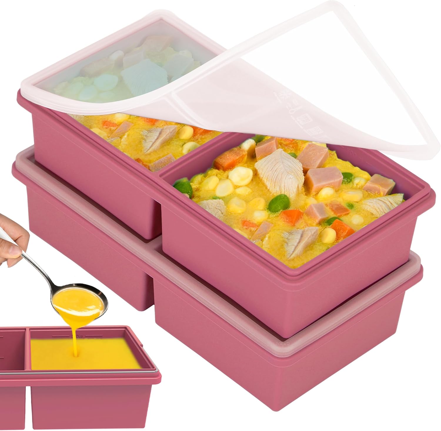 2 cup Silicone Freezer Trays with Lids, Silicone Soup Freezer Molds, Easily prepare portioned meals, Dishwasher,Oven Safe, Stackable, Ideal for Frozen Broth, Leftovers & Meal Prep, BPA Free 2 Pack