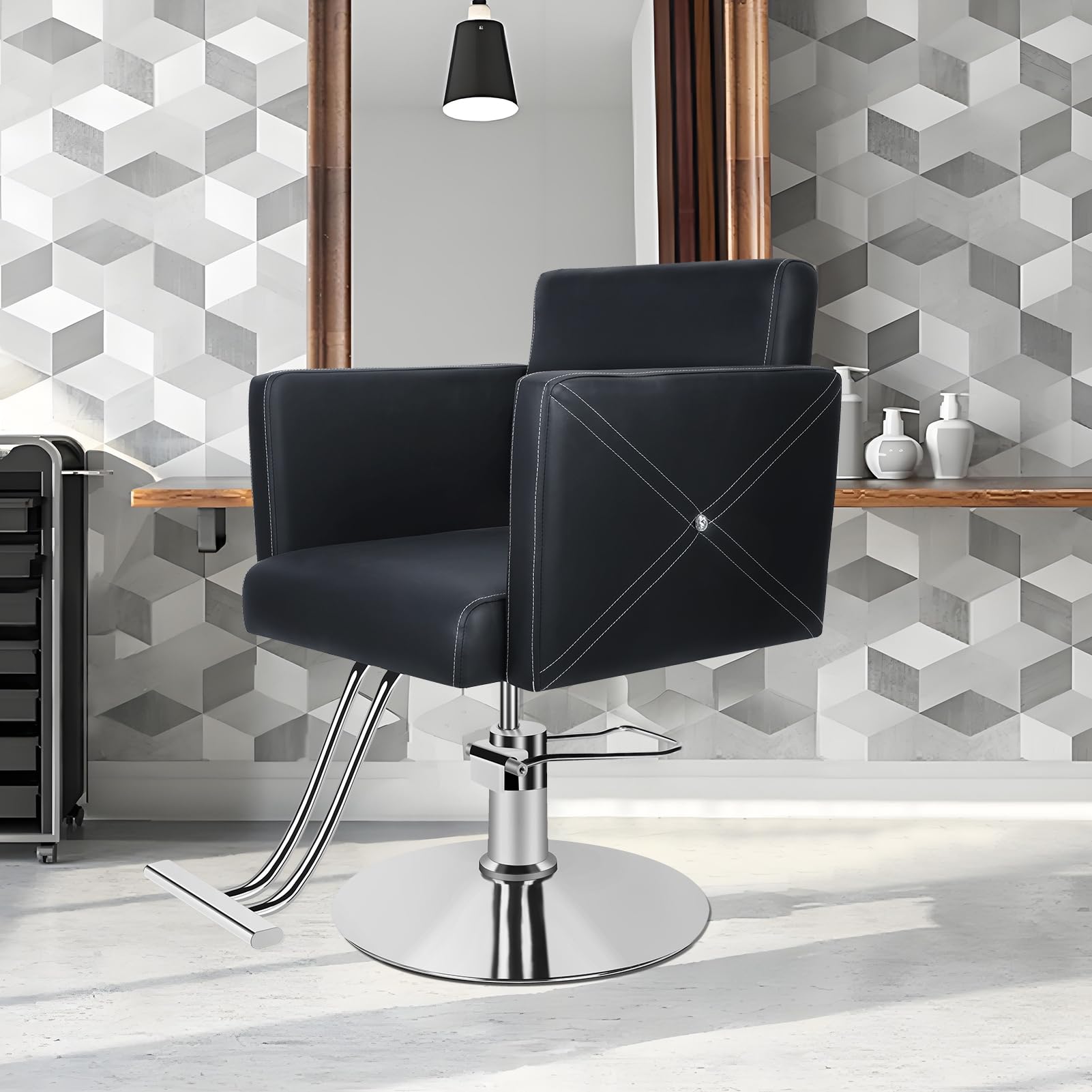 Friseurstuhl Hydraulisch 150 Kg Belastbarkeit, Barberstuhl Höhenverstellbar 360° Drehbar, Salonstuhl Mit Ergonomischer Rückenlehne Kunstleder Gepolstert Für Friseur Tattoo Pediküre Schwarz
