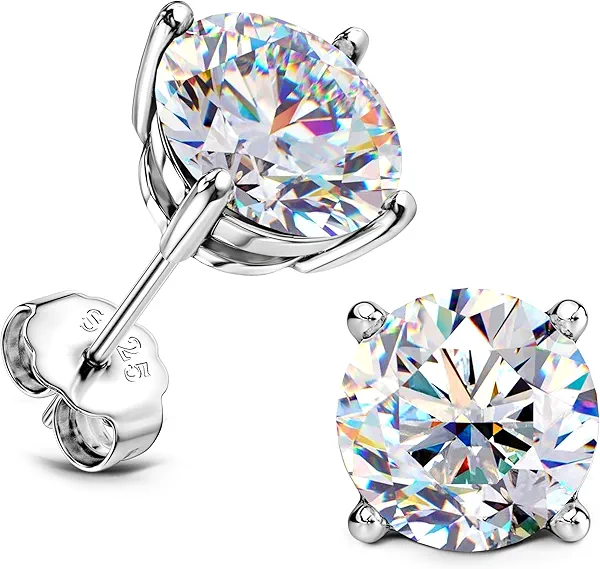 Moissanite Stud Earrings : 18K White Gold Plated Solid 925 Sterling Silver Earring Hypoallergenic Dainty Flat Back Stud Earrings Jewelry for Women Men D Color VVS1 Clarity