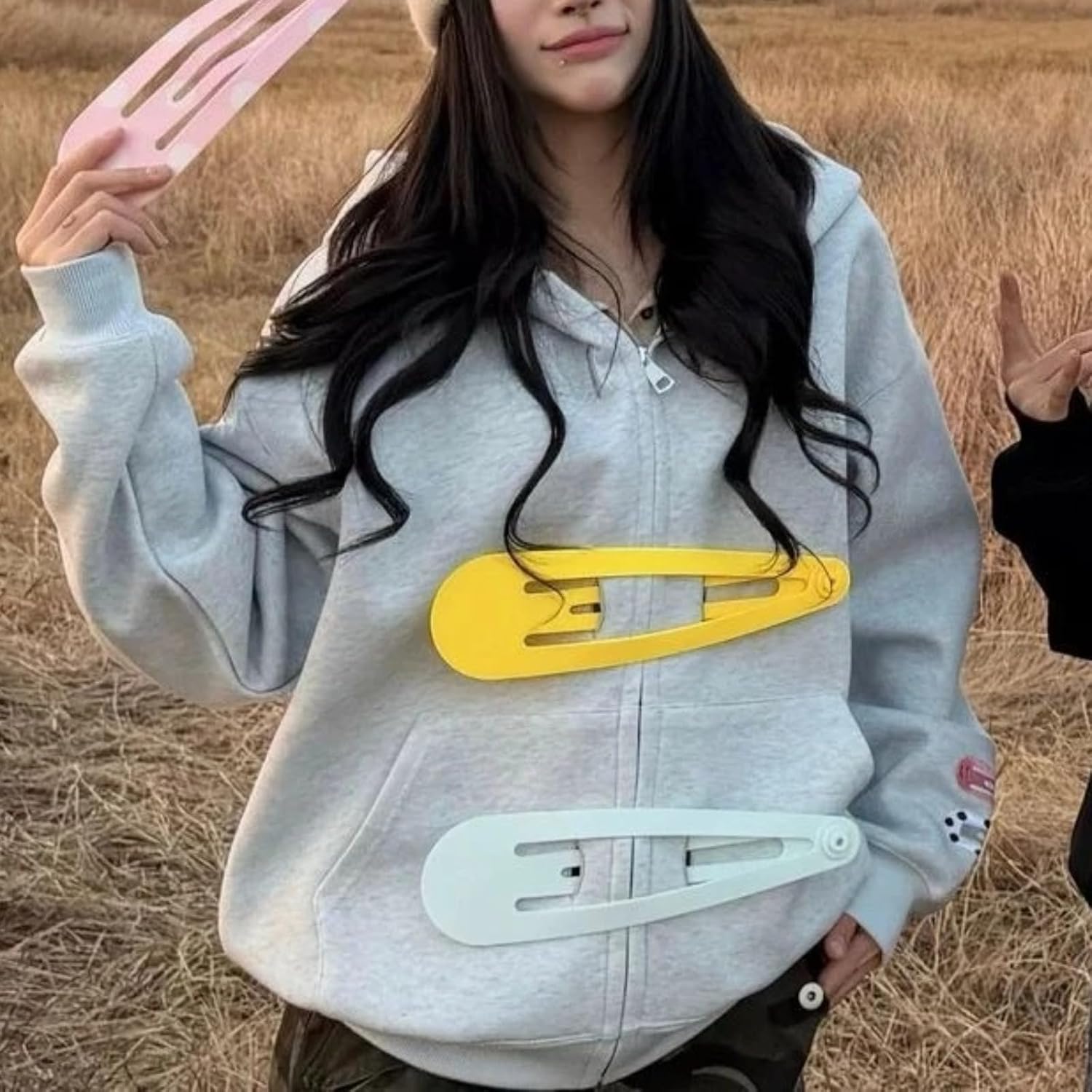Y2K Hair Clips Cutecore Hoodie Women Wishcore Zip Up Whimsical Jacket Oversized Funky Gyaru Sweatshirt Clothes