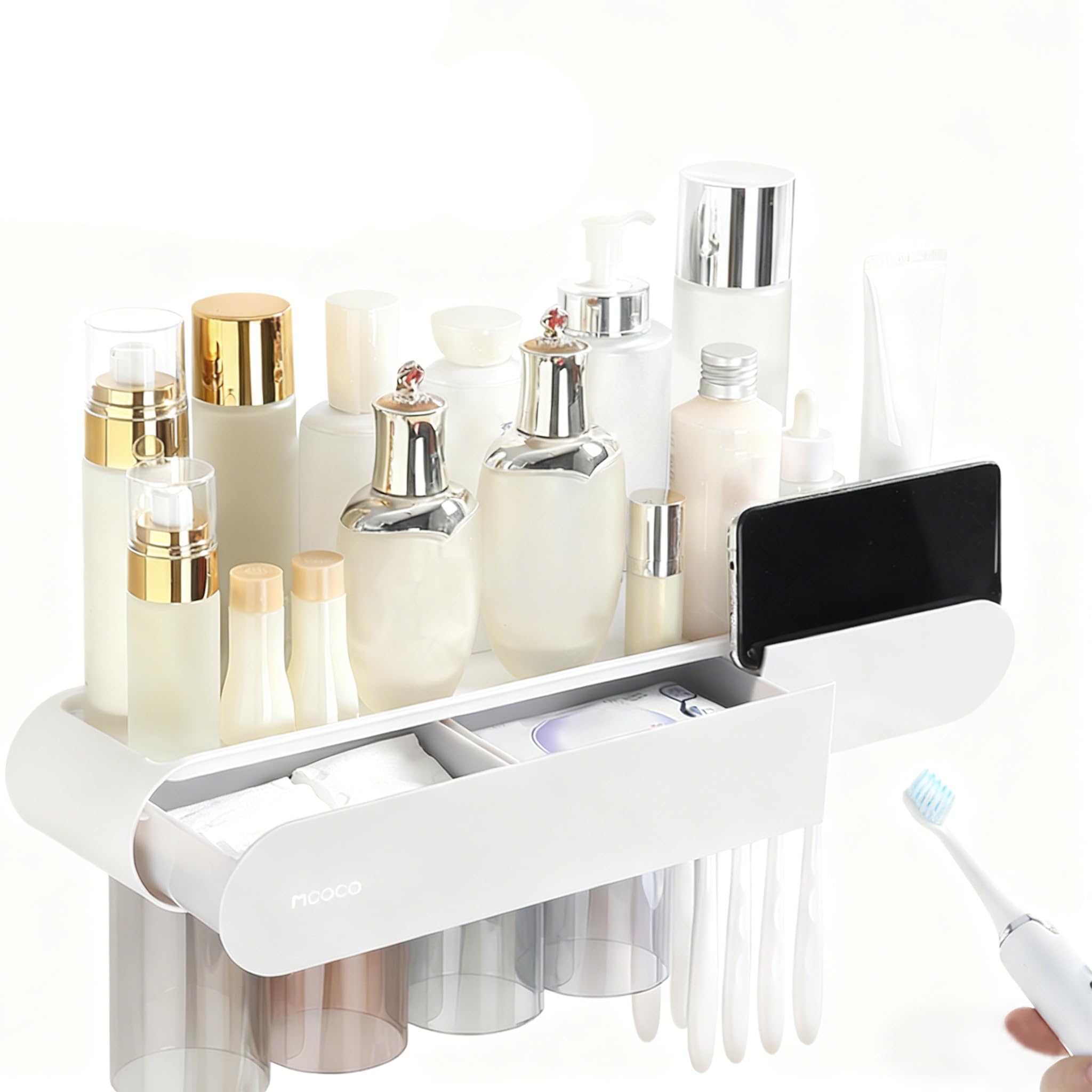 Soporte magnético para cepillos de dientes para baño, soporte magnético para cepillos de dientes con bandeja de gran capacidad y cajón para cepillos de dientes, 4 tazas, color gris