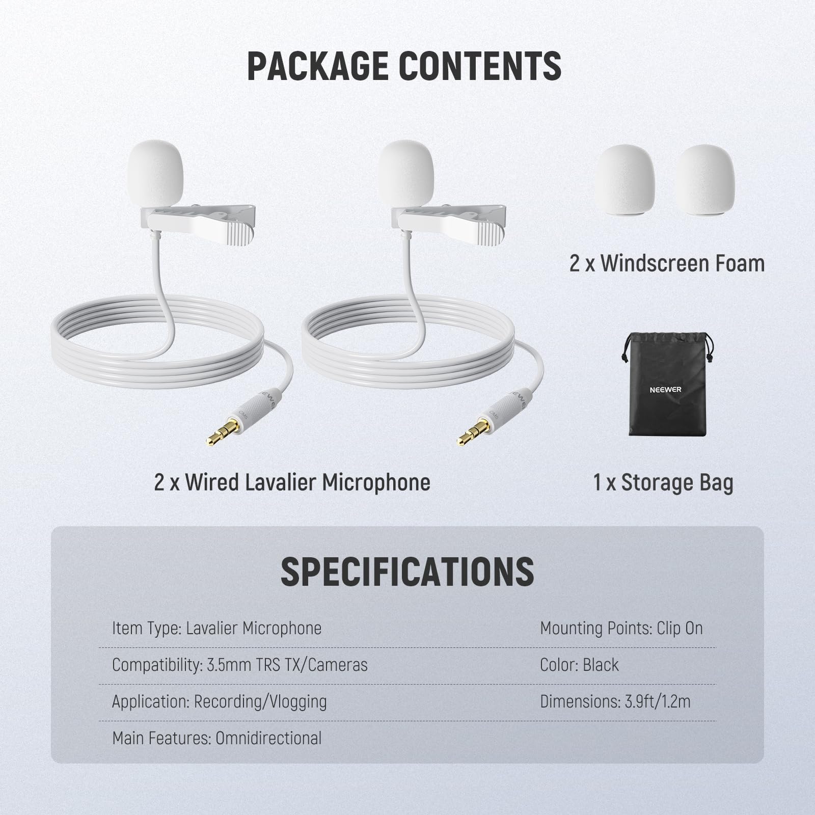 NEEWER 2er Pack Lavalier Ansteckmikrofon, kompatibel mit Rode Wireless GO II 2 DJI Kabelloses Mikrofon Sender, omnidirektionale Kondensator Lapel Mic mit Kabel für Bühne YouTube Live Stream, CM5, Weiß