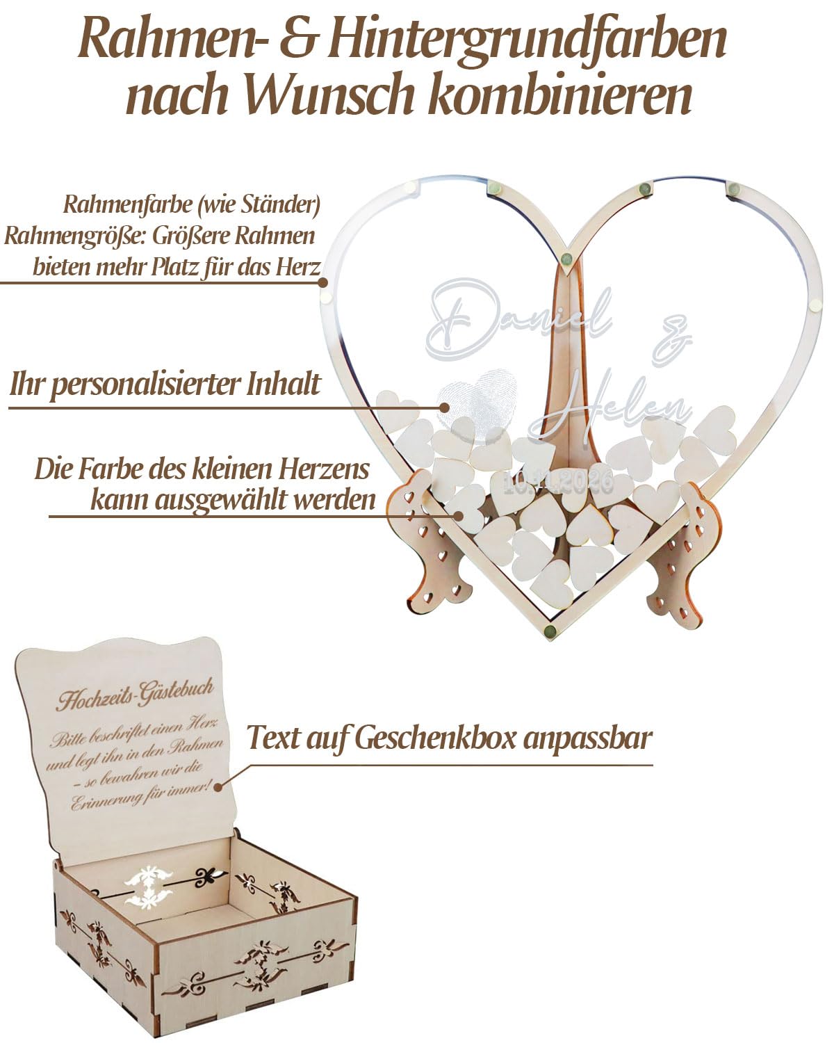 Herz Hochzeit Gästebuch Alternative aus Acryl & Holz - Personalisiert mit Gravur für 30-200 Gäste (13 Designs & 10 Schriftarten wählbar) (Stil 2, Herz)