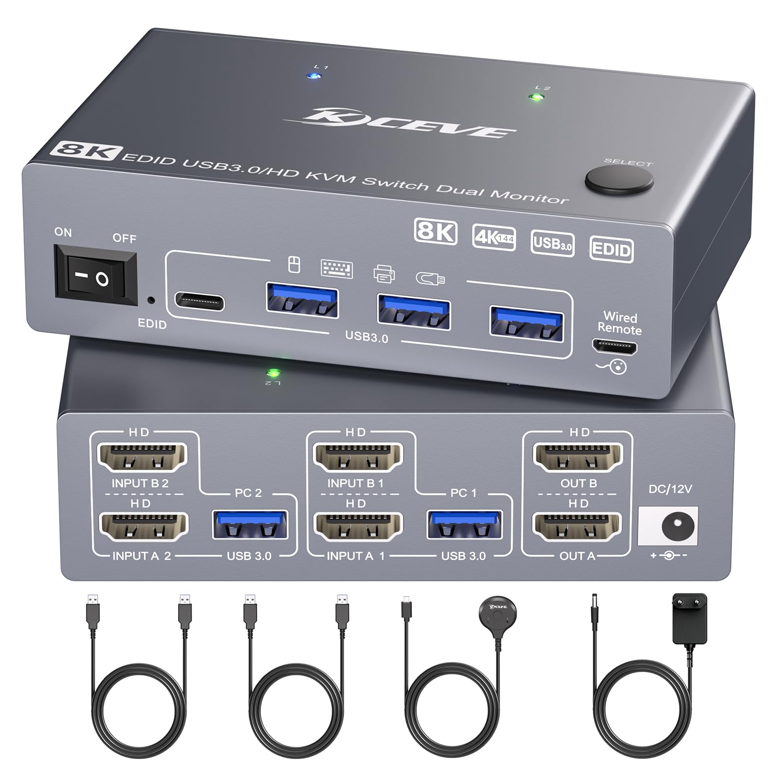 USB 3.0 HDMI KVM Switch 2 PC 2 Moniteur mit EDID, 8K@60Hz & 4K@144Hz, Dual Monitor KVM Switch Partage 4 USB 3.0 Ports Souris, Clavier, Wired Remote(8K HD 2 in 2 out KVM)