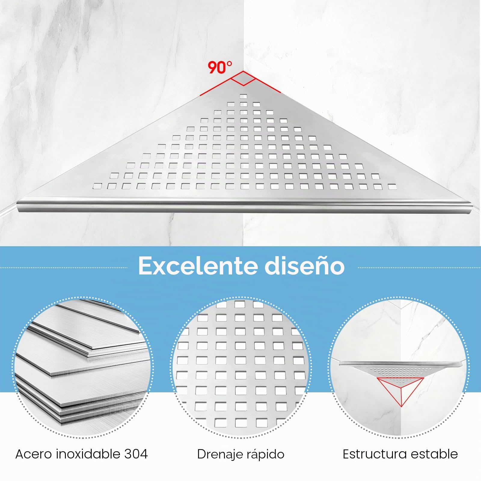 3 Piezas Estante de Esquina para Ducha de Acero Inoxidable 304 Estante de Esquina de baño sin taladrar, Repisa de Ducha con diseño de Rejilla (Acabado Cepillado Integrado, 254 mm x 254 mm)