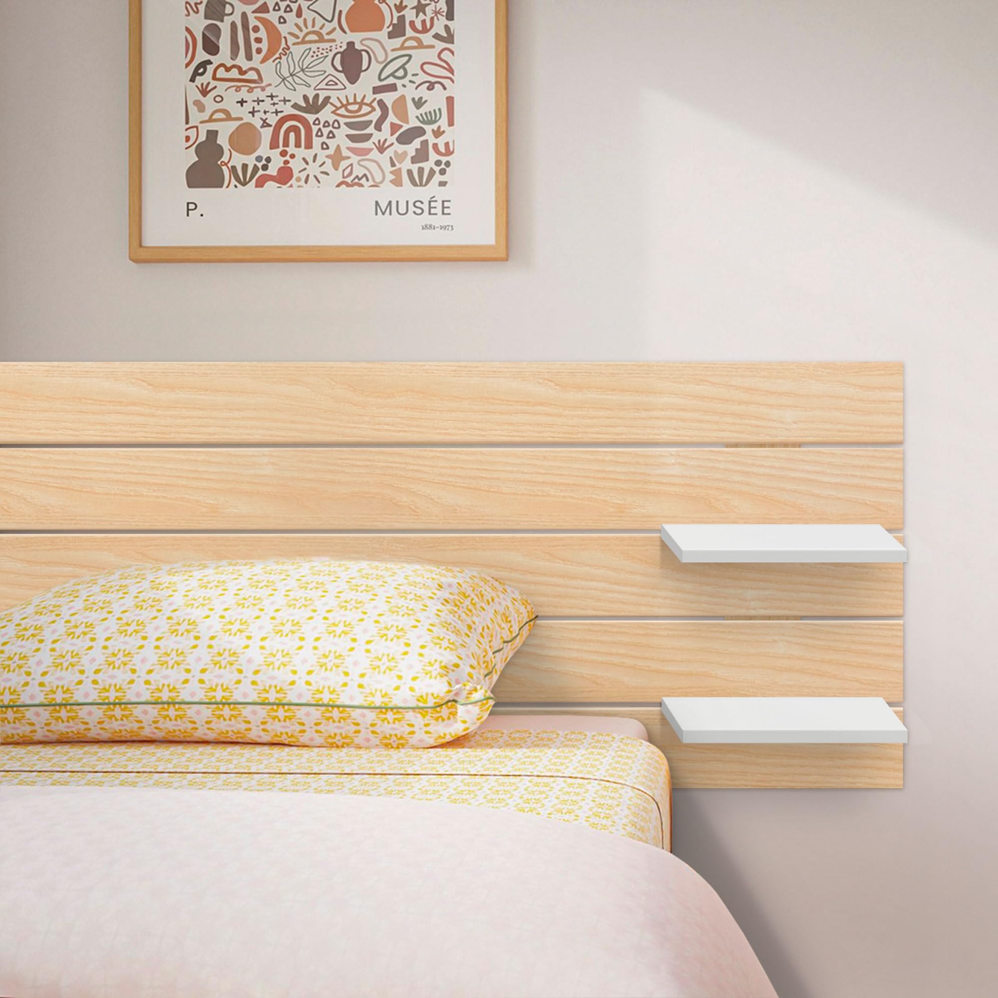 DHOME Cabecero con Estantes de Madera reciclada DM Colgante Pared Estilo Palet Horizontal Cama Vintage Nordico Herrajes incluidos (Madera Natural/Blanco, 135cm)