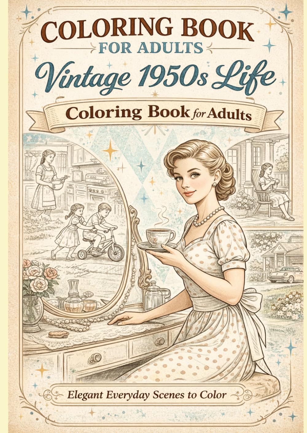 Coloring Book for Adults. Vintage 1950s Life: Elegant Everyday Scenes to color