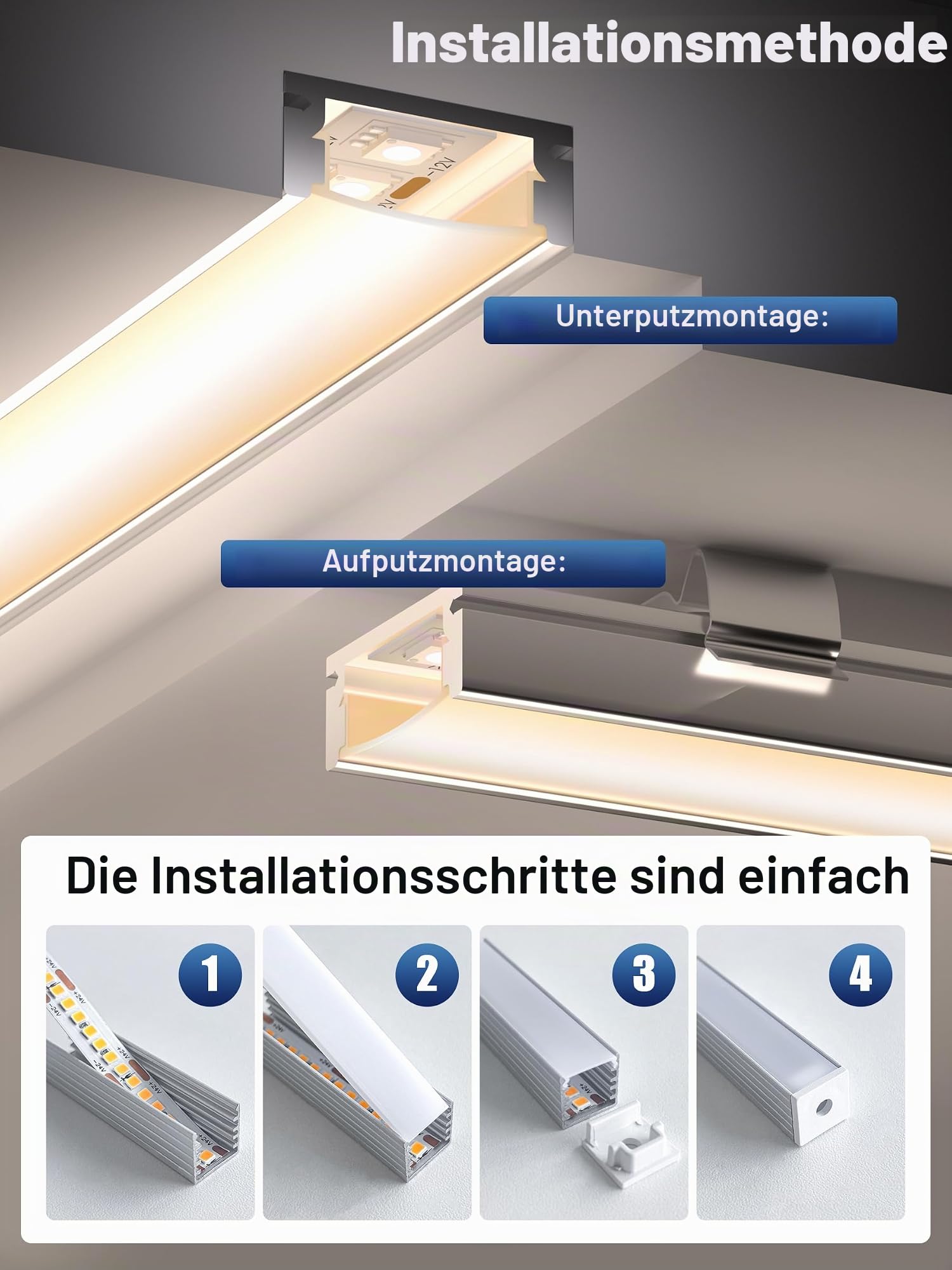 LED Profil U-Form 2m x 10 Stück(20m), Schiene aus eloxiertem Aluminium, kanal für Streifen bis 12mm, diffusor für gleichmäßige Lichtverteilung (SP26)