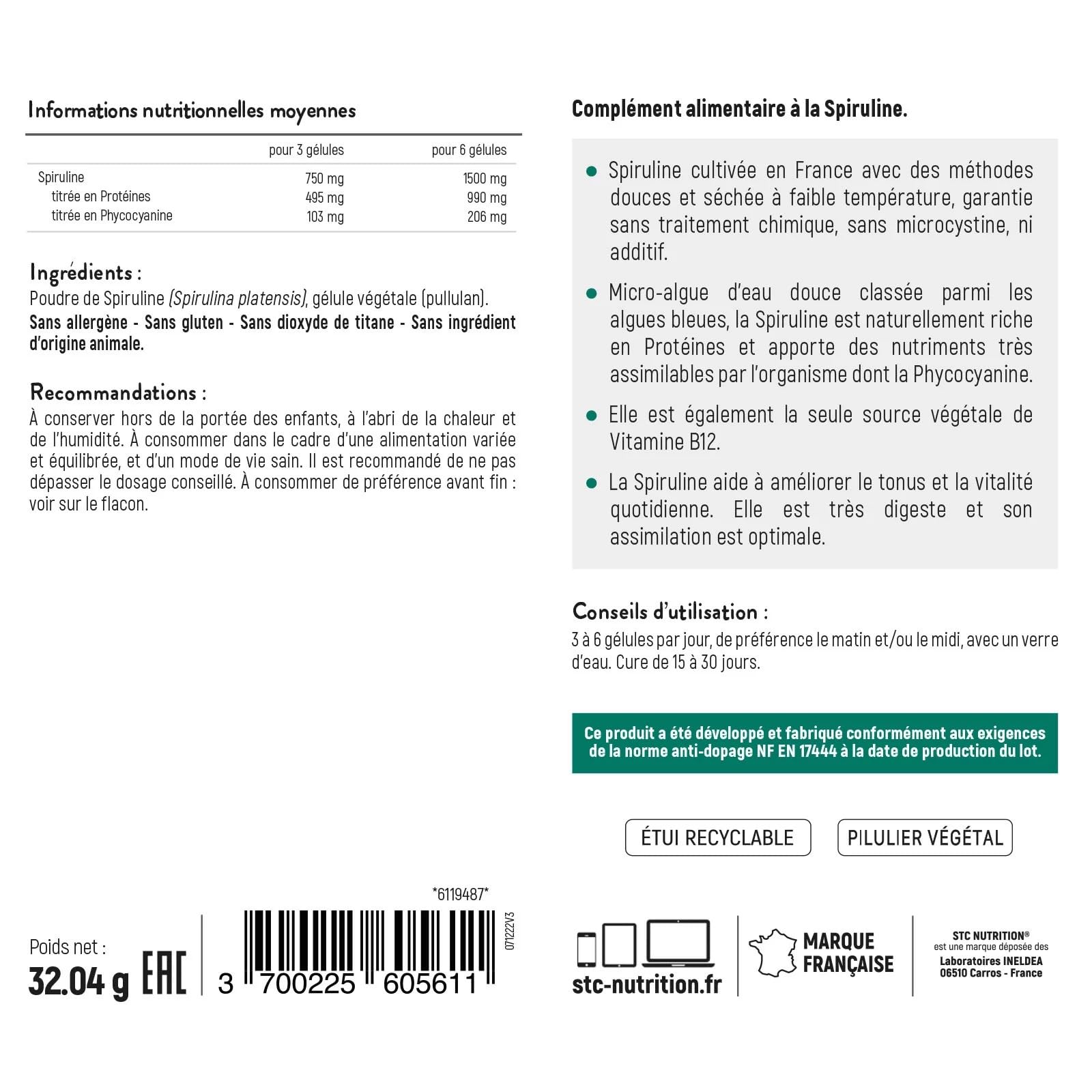 STC Nutrition Spiruline 1500 antioxydants tonus & vitalité 2x90 gélules | Contre la fatigue, défenses immunitaires, vitamines, protéines, fer, phycocyanines, chlorophylle, zinc, cuivre, magnésium