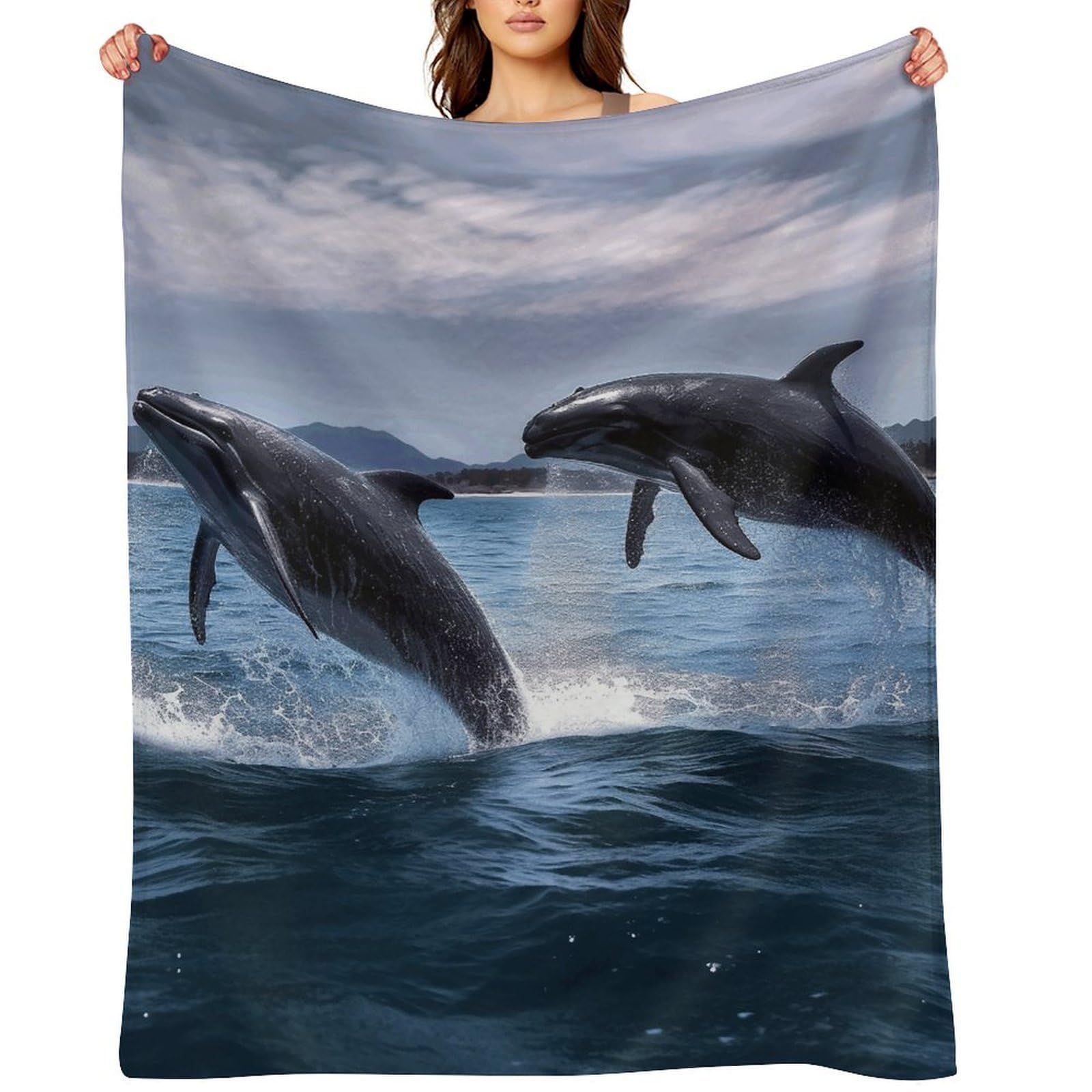 Flannel Fleece Throw Blanket - 30"x40" Super Soft Plush,Lightweight Wrinkle Resistant Cozy Jumping Whales Blanket for Couch Sofa Bed Travel Camping and Gift