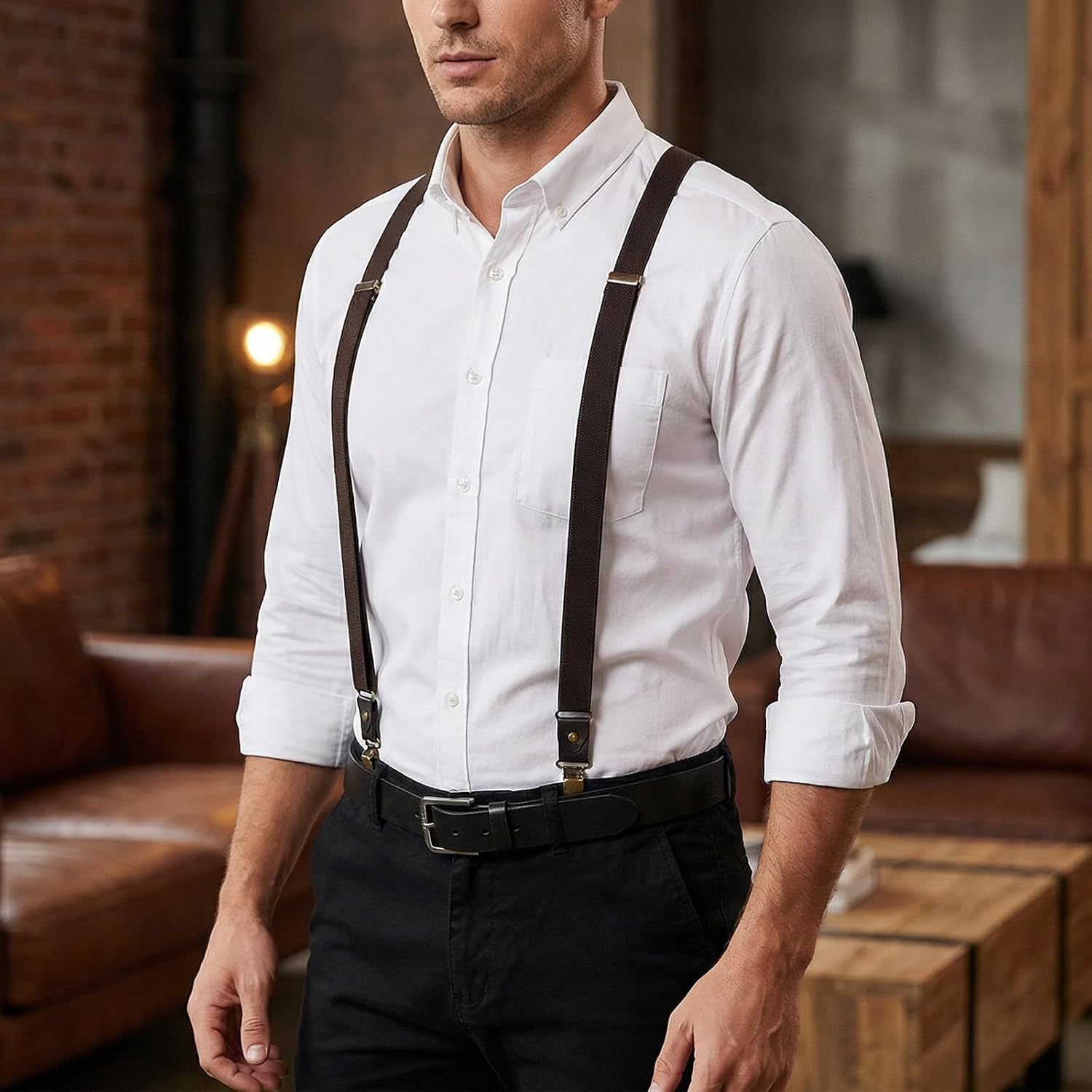 CIATBYYJ Genuine Leather Suspenders for Men, Y Design Hidden Suspenders Under Clothes, Adjustable Accessories for Menwith 3 Metal Clips Groomsmen Gift Wedding Brown