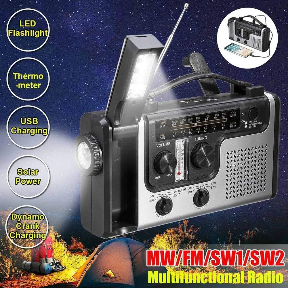 Przenośne, wielofunkcyjne radio z korbką ręczną zasilane energią słoneczną, radio pogodowe awaryjne z latarką, lampką do czytania, ładowarką do telefonu komórkowego i alarmem SOS