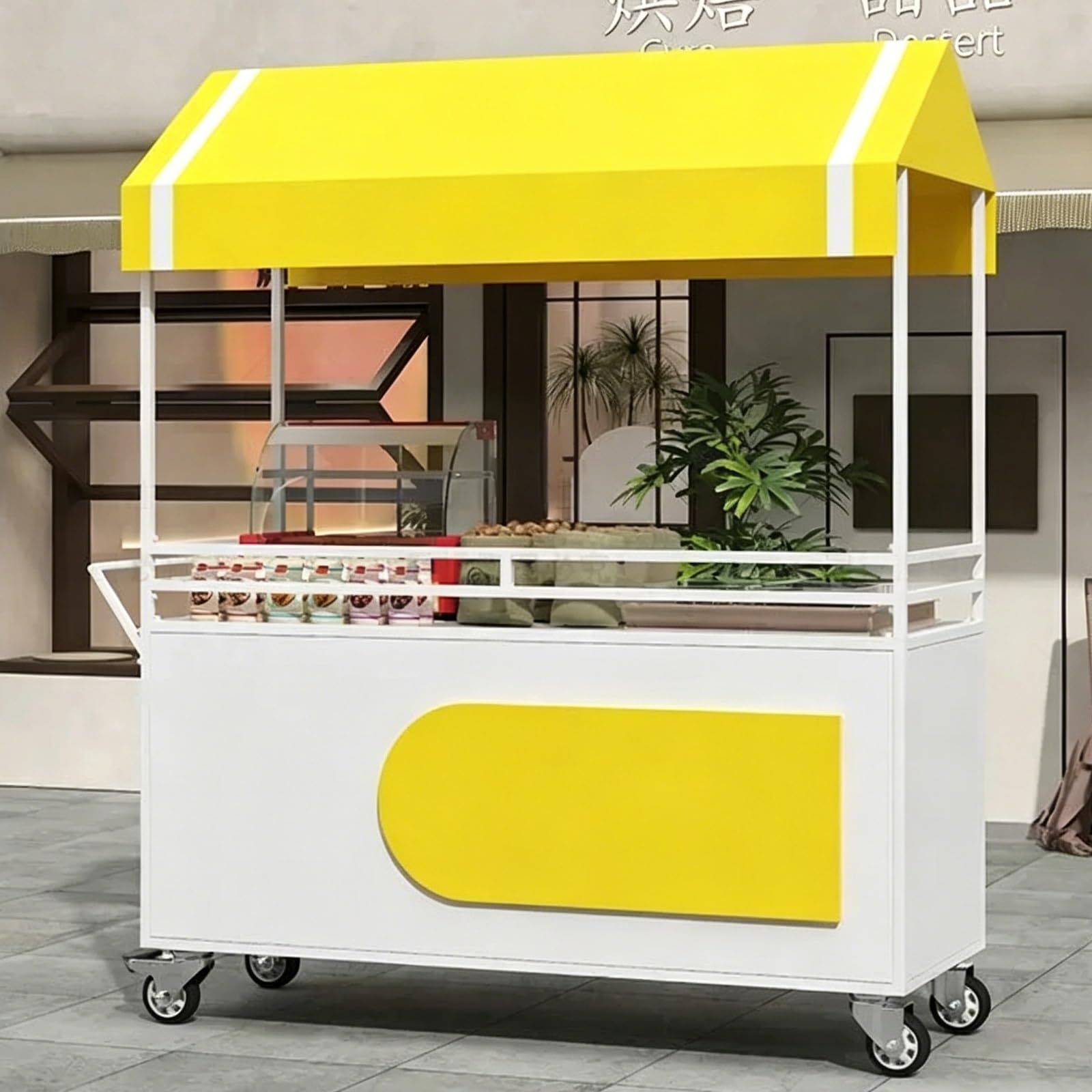 Carro de Venta Ambulante con Ruedas Giratorias de 360° y Toldo, para Mercados de Agricultores, Festivales, Playas, Eventos Al Aire Libre y Mercados Callejeros(Yellow,120x60x190cm/47x24x75in)
