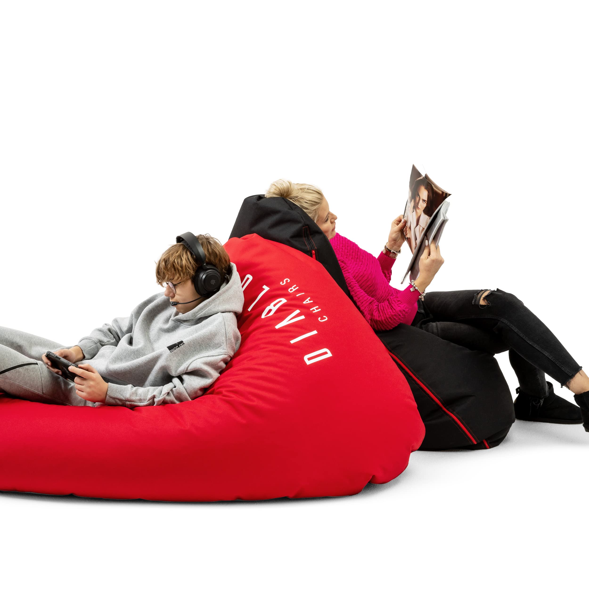Diablo Pouf Poire Gaming XXL Beanbag Pouf avec Remplissage pour Adultes et Enfants Salon avec des Perles EPS Polyester 110 cm x 100 cm (Noir)