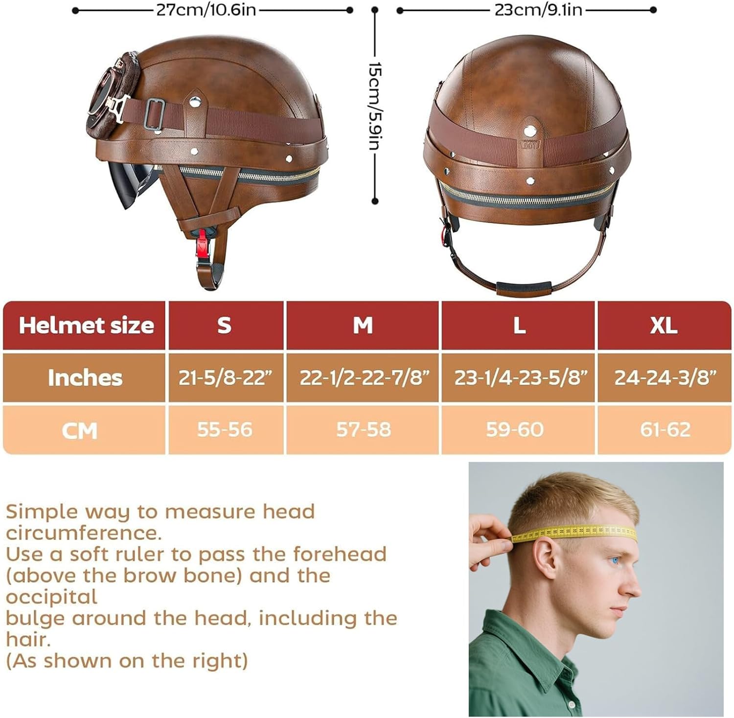 German Style Motorcycle Helmet - DOT Approved Vintage Leather Novelty Half Helmets for Motorcycle with Goggles/Visor, Removable Lining/Earmuffs, for Cruiser Scooter Chopper Moped, for Adults Men Women