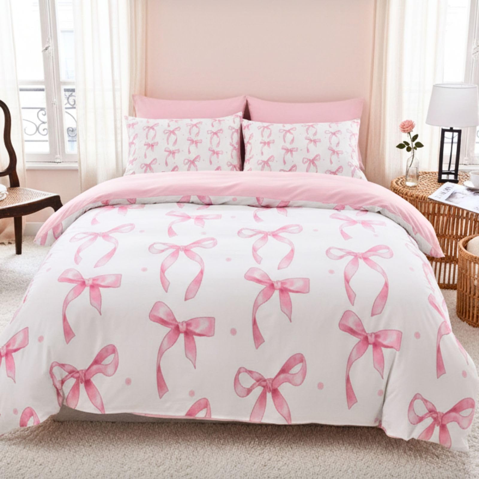Sets de Housses de Couettes Princesse 220x240cm aux Finitions Ruban Rose