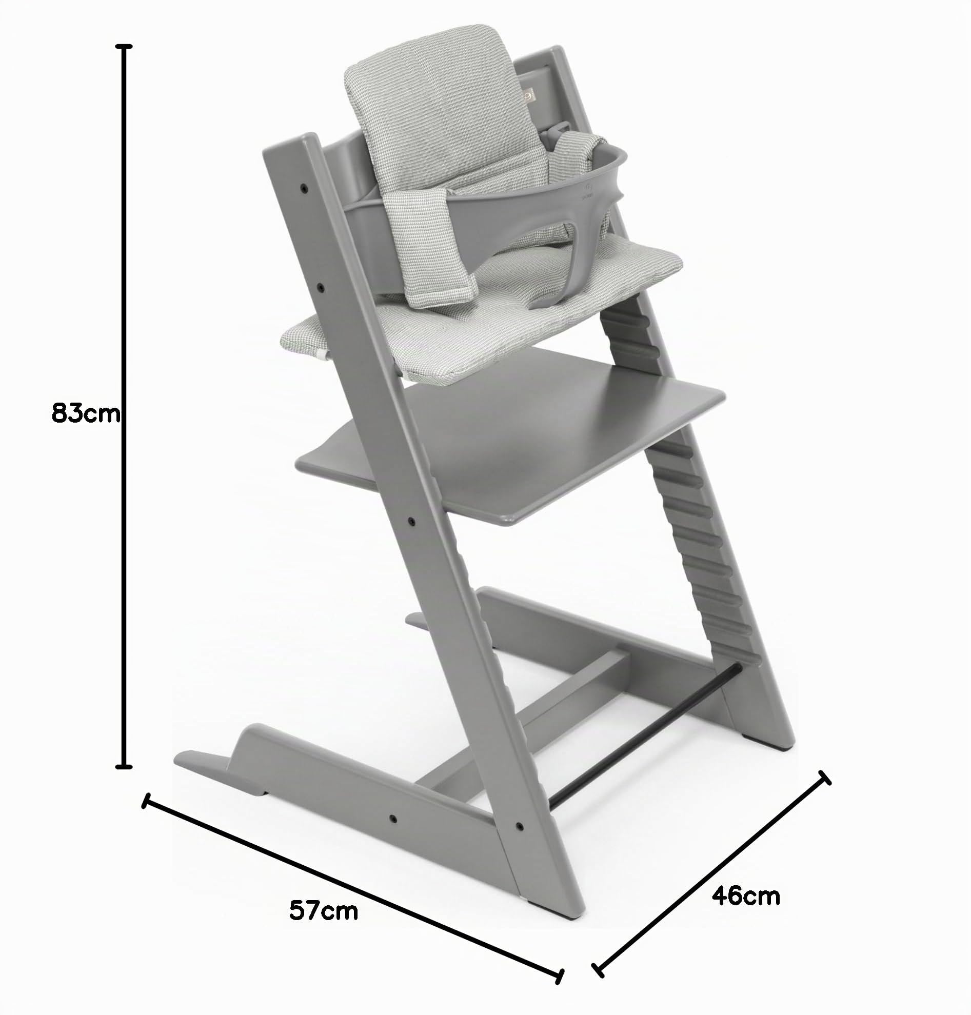 Seggiolone Stokke Tripp Trapp (Storm Grey) con cuscino OCS (Nordic Grey) - Include sedia Tripp Trapp, Baby Set 2 per bambini da 6 a 36 mesi e cuscino - Regolabile, ergonomico e facile da pulire