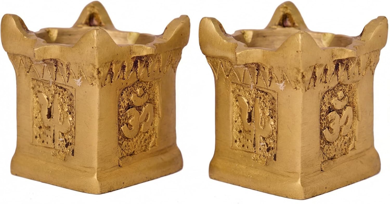 GURU JEE™ Indian Traditional Tulsi Diya Set of 2 Tulsi Kyara Shaped Brass Diya Antique Oil Lamp for Temple Holy Oil Lamp for Temple