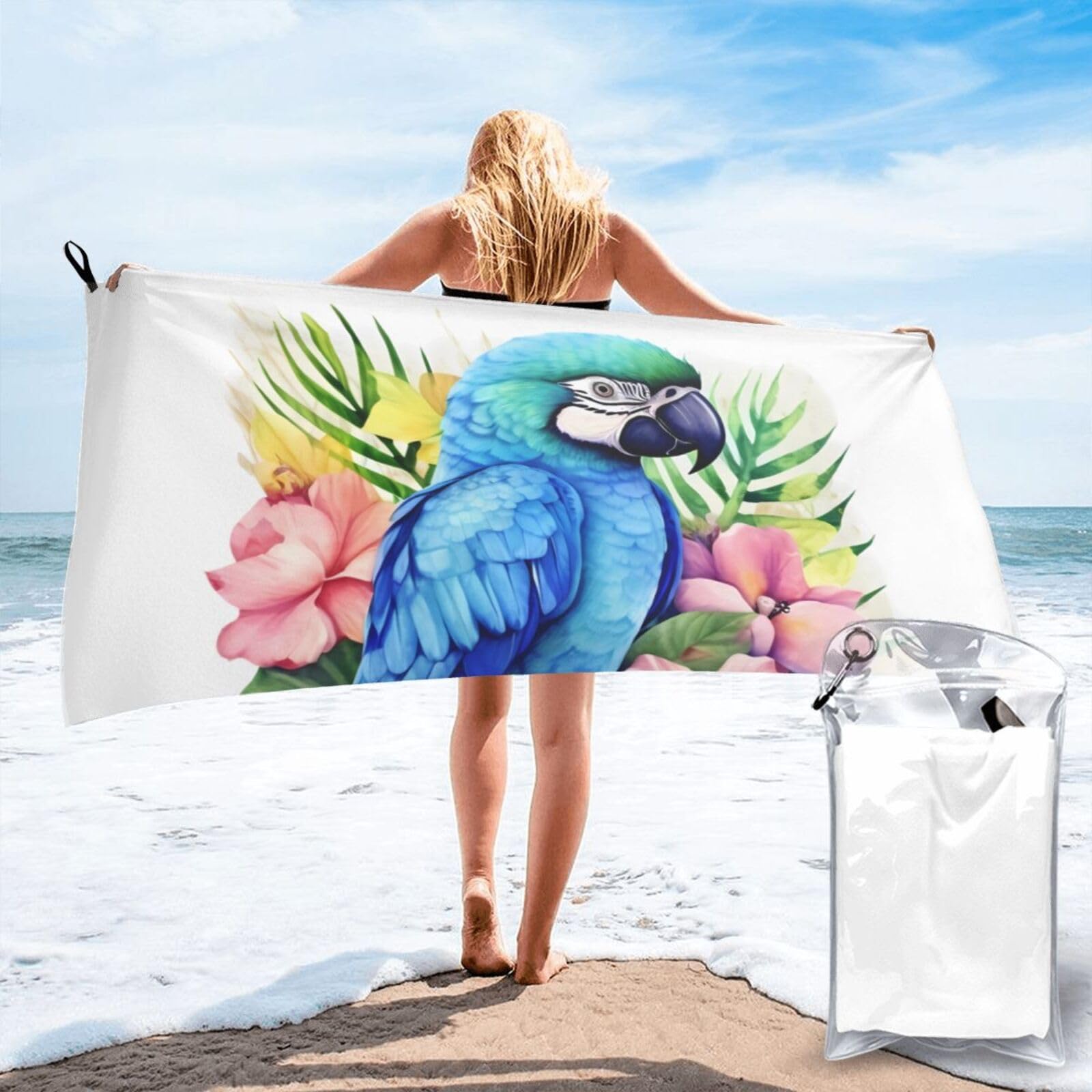 DWVTSLH Microfiber Sand Free Beach Towel 27.5"x55", Quick Dry Absorbent Travel Towel Large Camping Blanket, Blue Parrot in Flowers Bath Towels Lightweight Pool Swim Towels for Vacation Essentials
