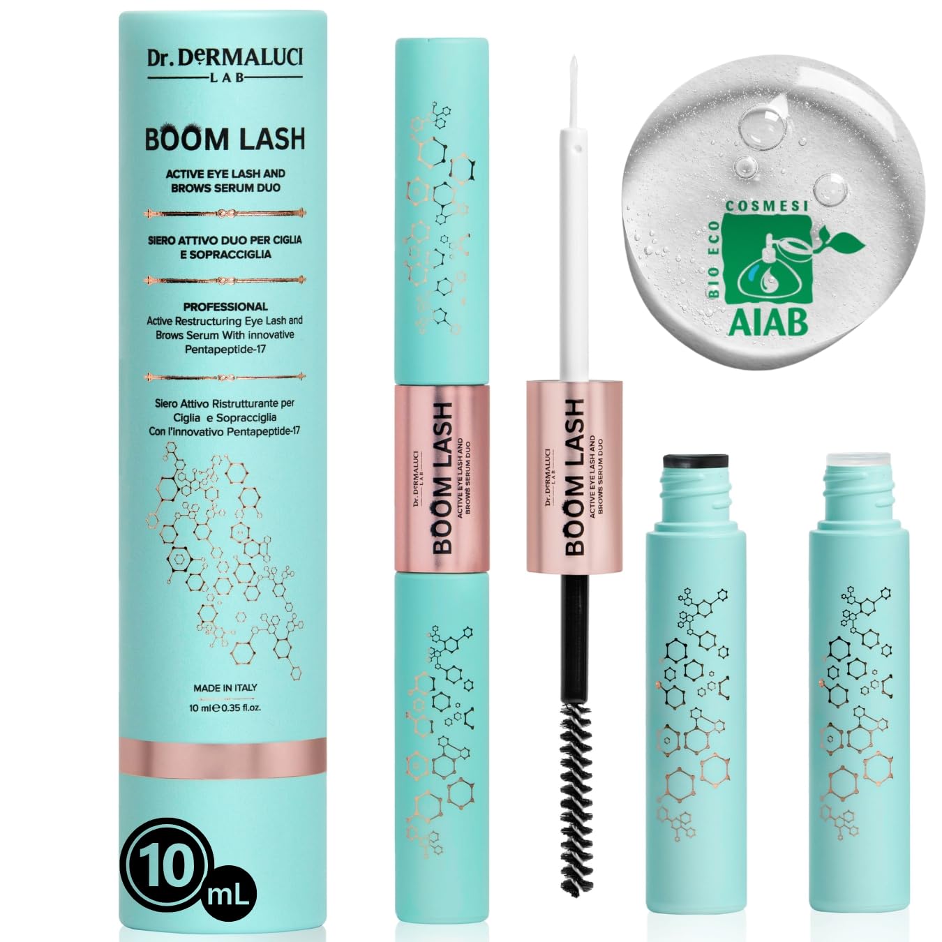 Dr. Dermaluci Lab Sérum Cils et Sourcils Croissance Naturelle Sans Hormones - Fortifiant, Allongeant - Avec Pentapeptides, Biotine, Acide Hyaluronique & Vitamine C - 10ml XXL, BIO, Yeux Sensibles