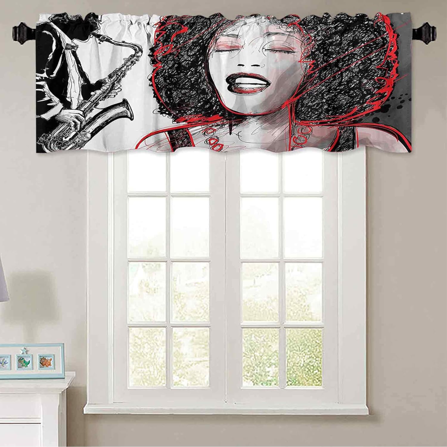 Kitchen Curtain Valance, 50" W x 18" L American Girl Singing with Saxophone Player Popular Sound Design L Thermal Insulated Blackout Valance Curtain Black Light Grey