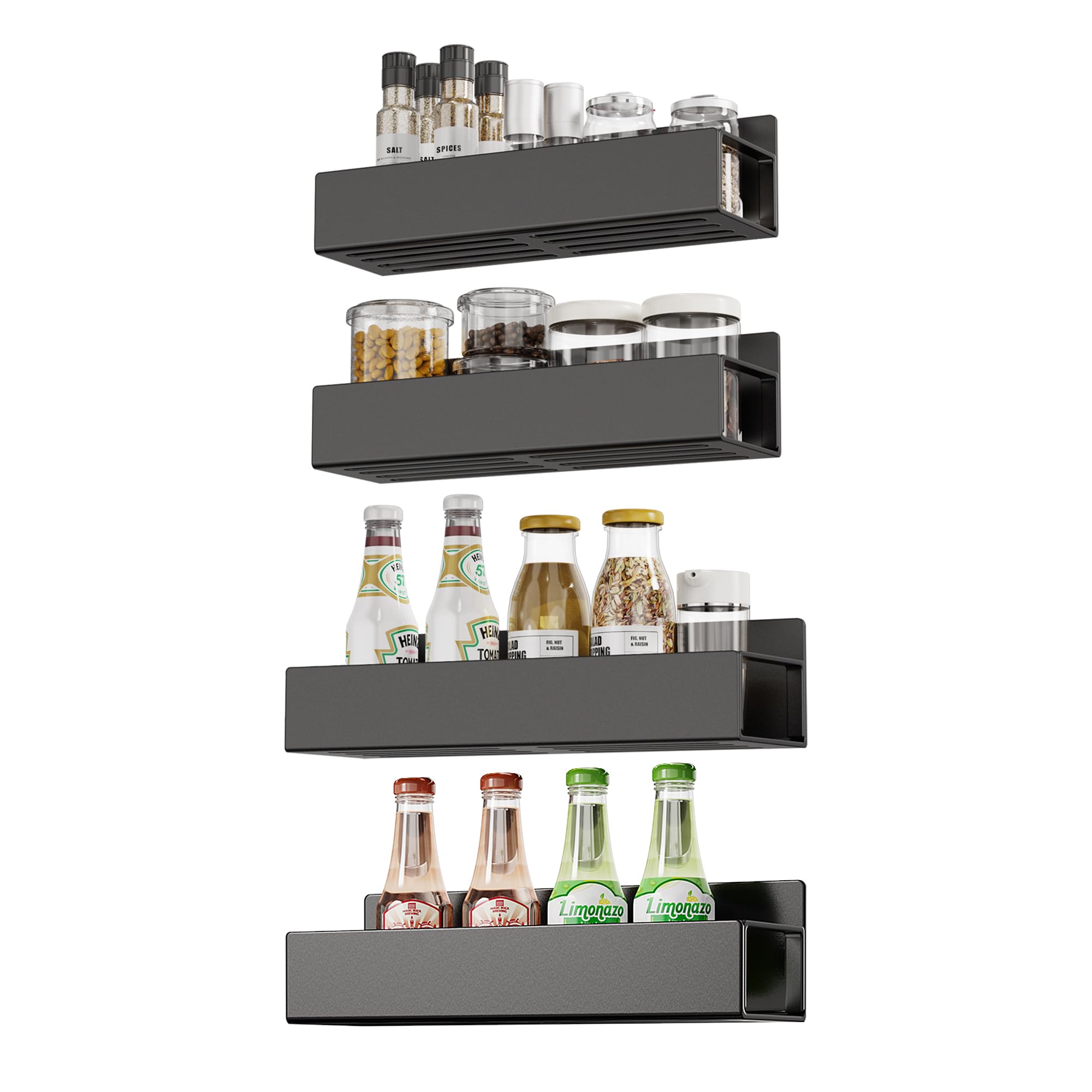 Merapi 4 Pack Magnetic Spice Rack for Refrigerator, Moveable Fridge Magnet Organizer, Perfect Space Saver Magnetic Shelves for Kitchen Laundry Bathroom Organization and Storage, Black