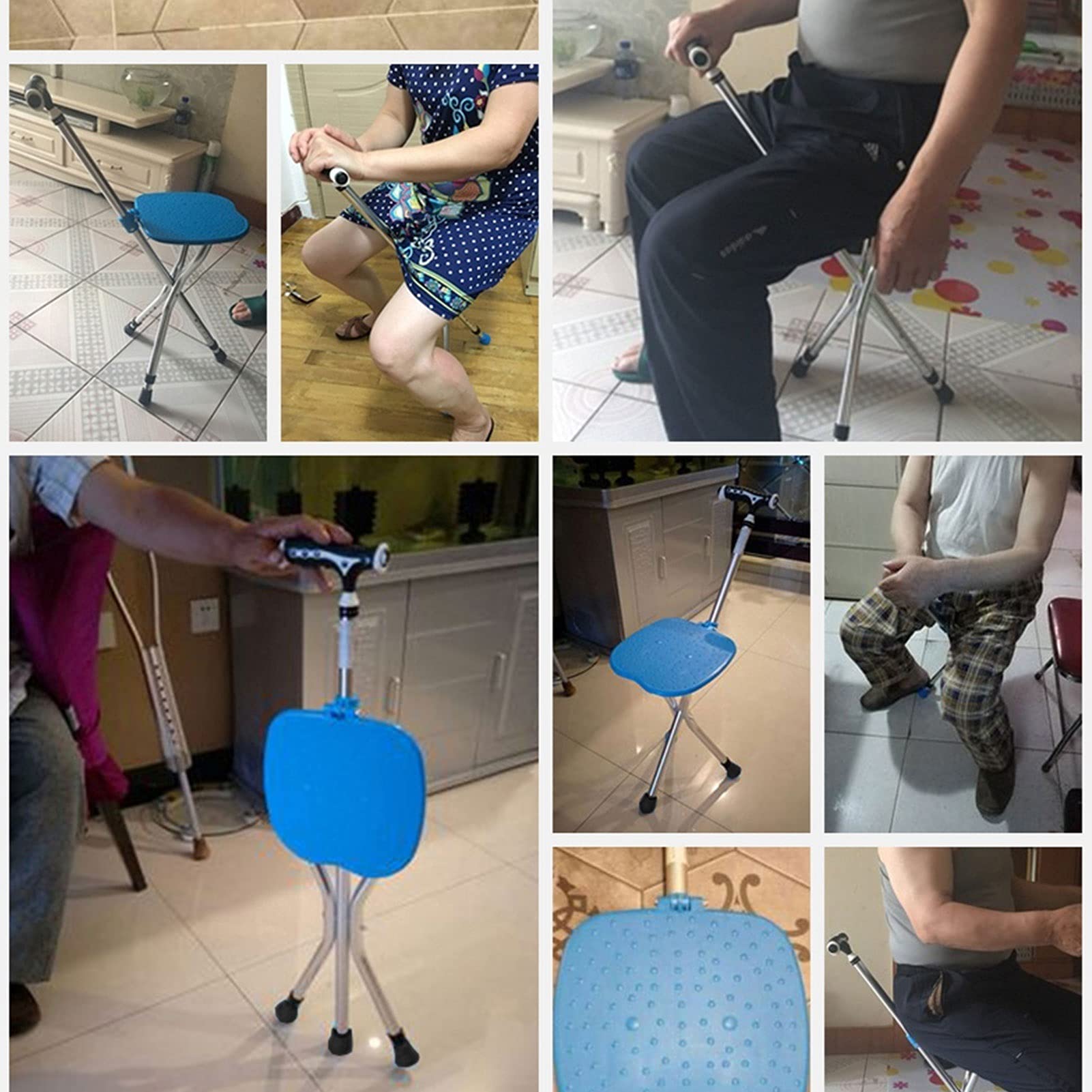 Asiento de bastón plegable, silla de caña de aluminio ajustable de altura con luz LED, taburete de muleta para ancianos, personas mayores y discapacitados, mango de masaje y base antideslizante, azul