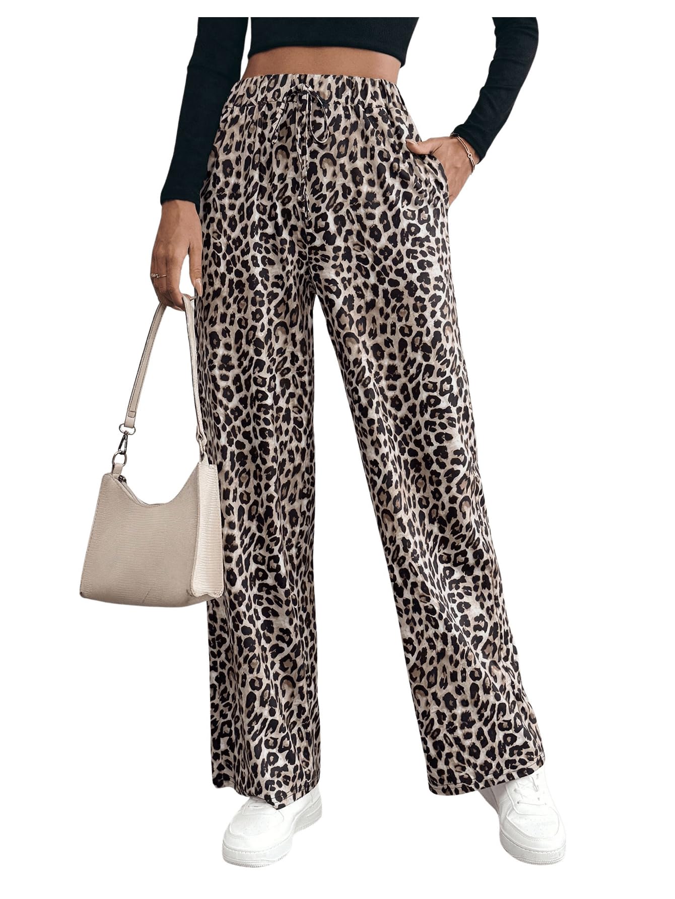 GORGLITTER Pantaloni lunghi da donna, a gamba larga, con stampa leopardata, in tessuto, con tasche, a vita alta, elasticizzati, pantaloni dritti