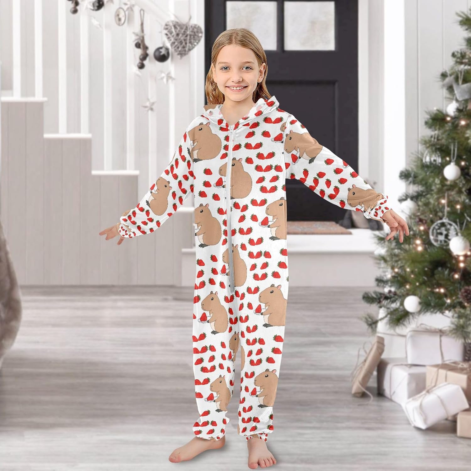 Cute Capybara Strawberry Onesie Pajamas Zip Up One Piece Sleepwear Hooded Jumpsuits