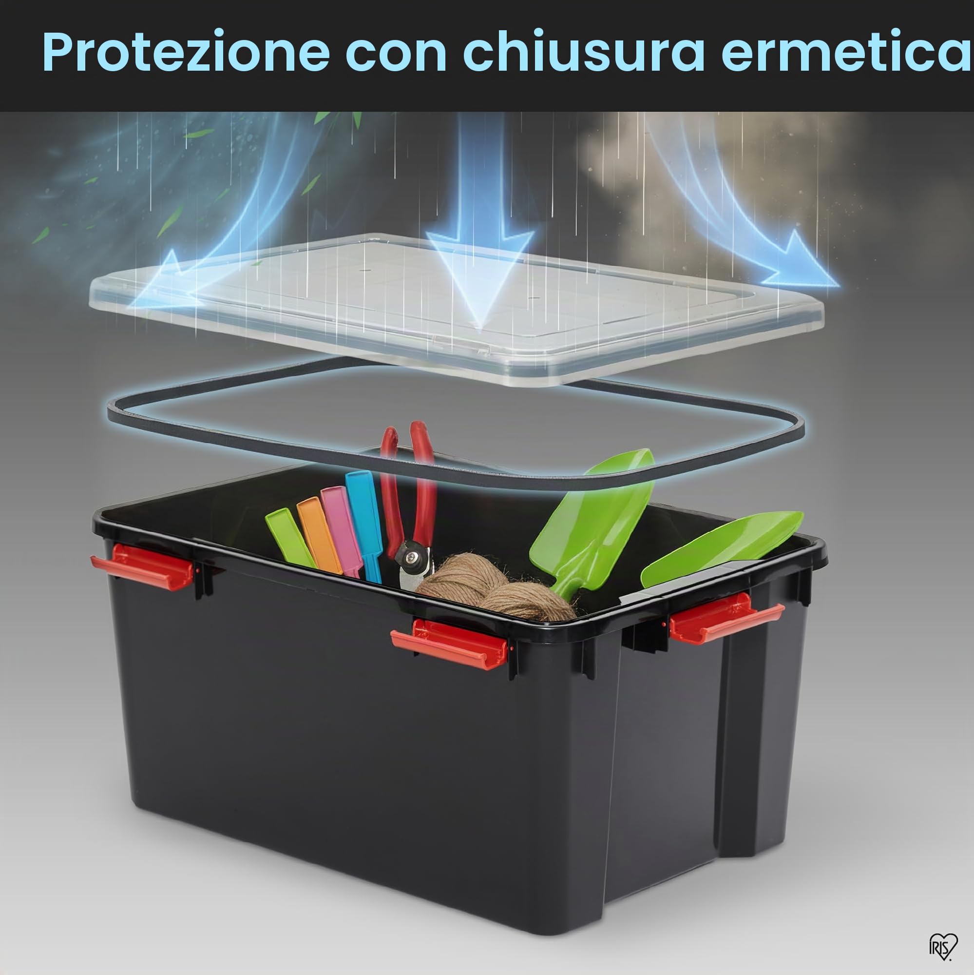 Iris Ohyama, Scatole Portaoggetti Ermetiche in Plastica, 50L, Set di 2, Nero, Coperchio Impermeabile, con Chiusura, Impilabile, Per Esterni, Garage, Vestiti, Antipolvere, Senza BPA, AT-L