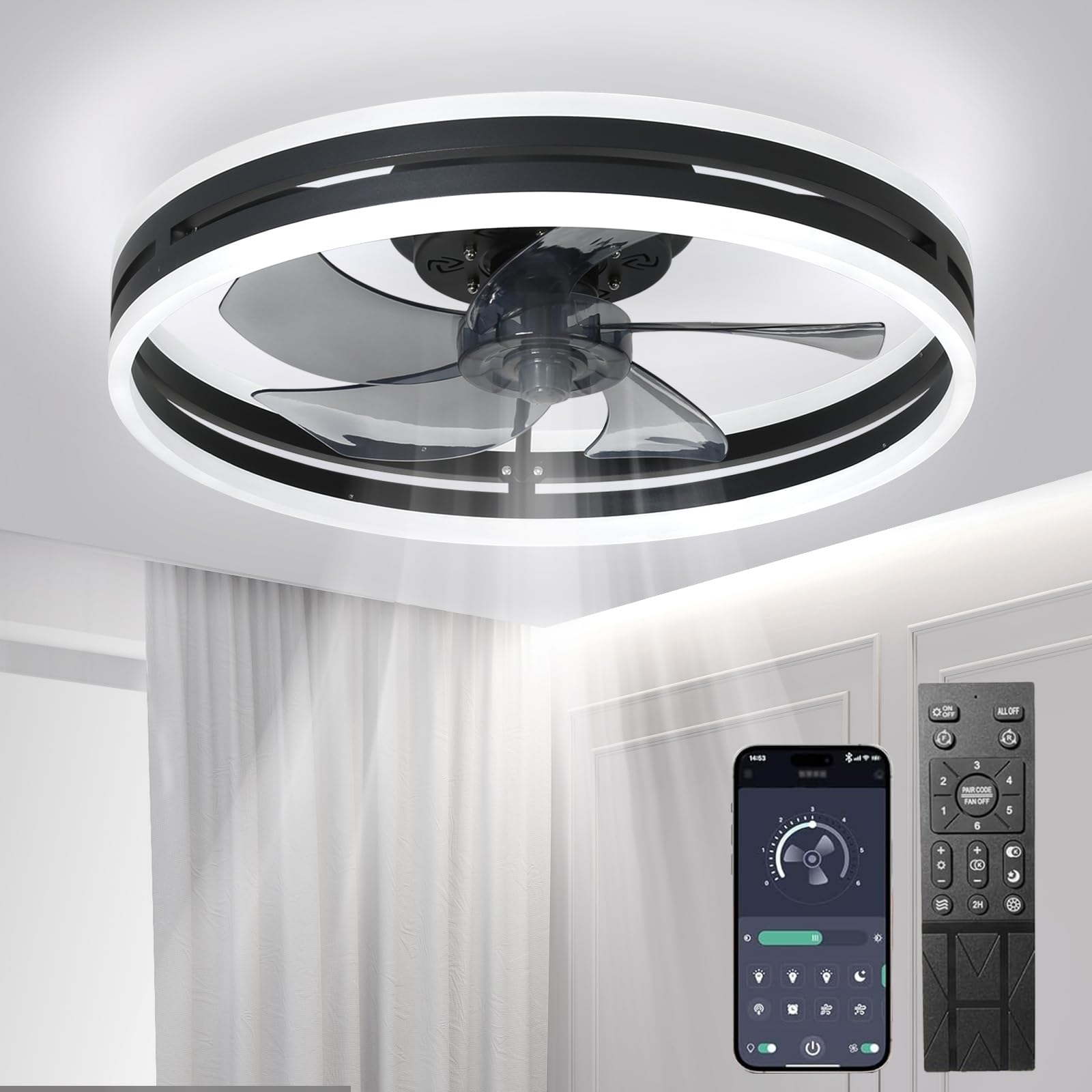 Cichy wentylator sufitowy z oświetleniem, 50 W, ściemniana, lampa sufitowa z pilotem zdalnego sterowania i aplikacją, 6 prędkości, z wentylatorem, timerem, do sypialni, salonu, kolor czarny, 40 cm