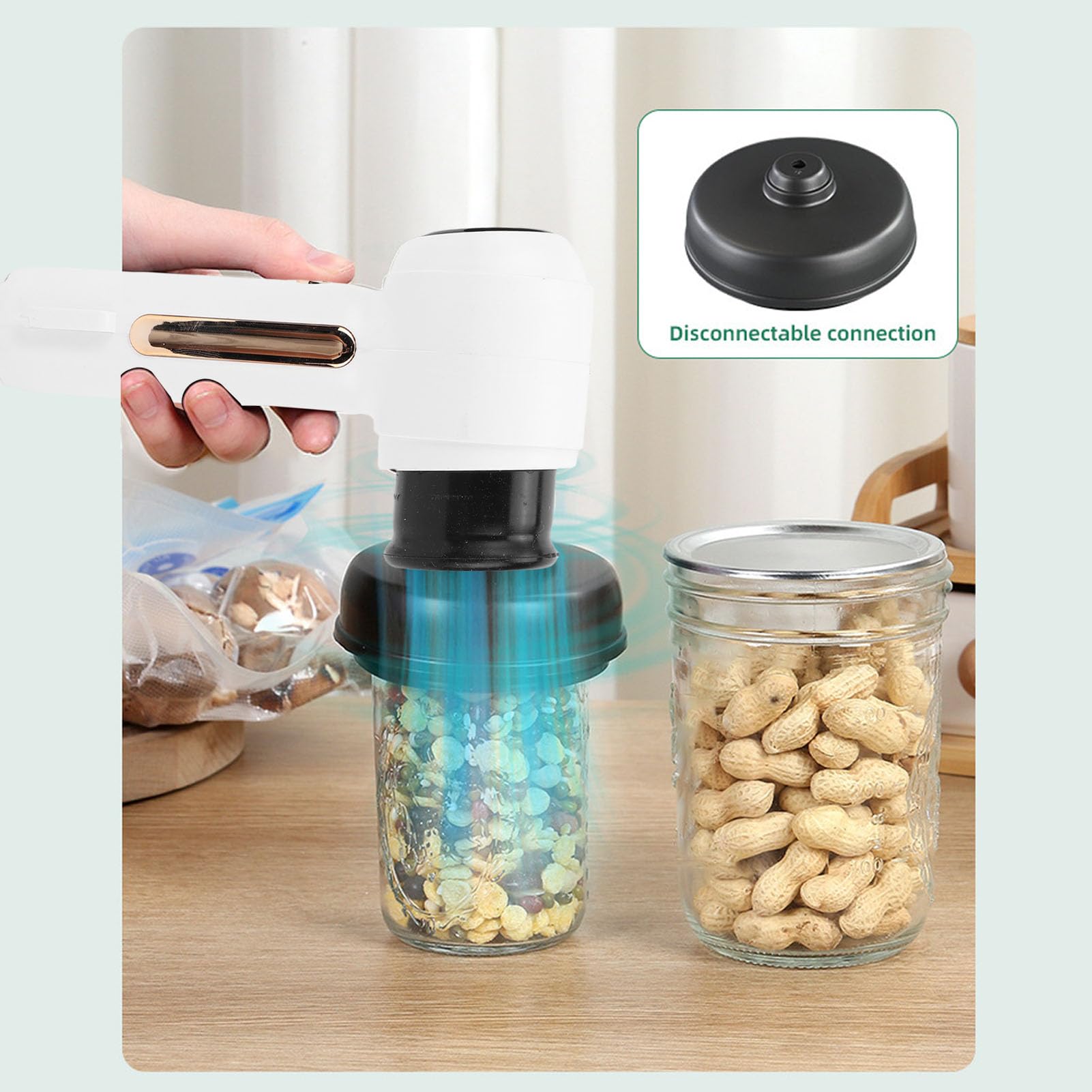 Luocute Hand-Vakuumierer mit Saugfunktion, 60 KPa, Tragbarer Lebensmittelversiegeler mit LED-Bildschirm, 10 Wiederverwendbare Vakuumbeutel, 10 Einmachglasdeckel für Fleisch, Gemüse, (WHITE)